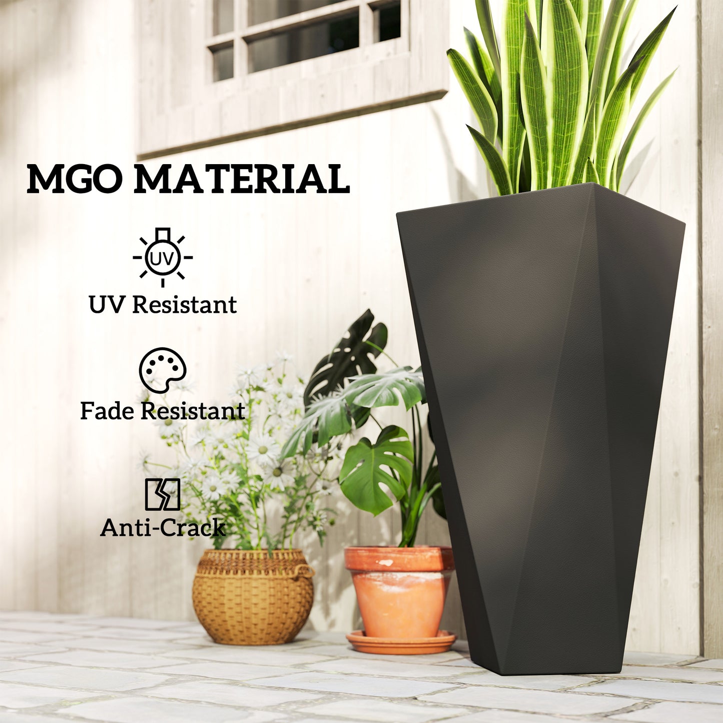 Set of 3 Tall Stackable Outdoor Garden Planters with Drainage Holes - Black