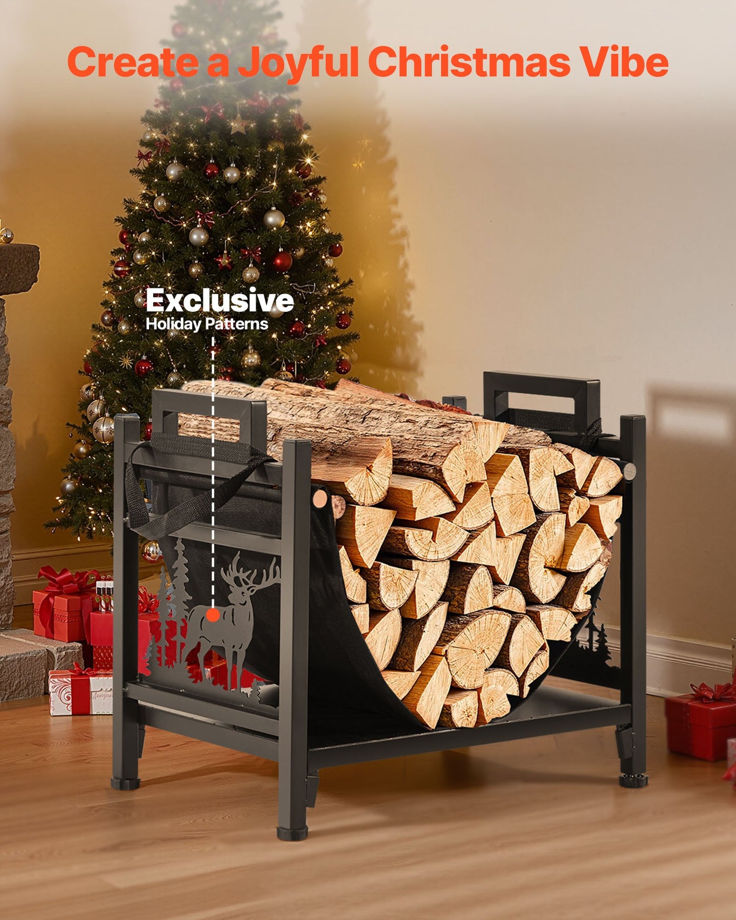 Heavy Duty Firewood Rack with Canvas Log Carrier - 1.5 Ft Steel Indoor Wood Storage Stand