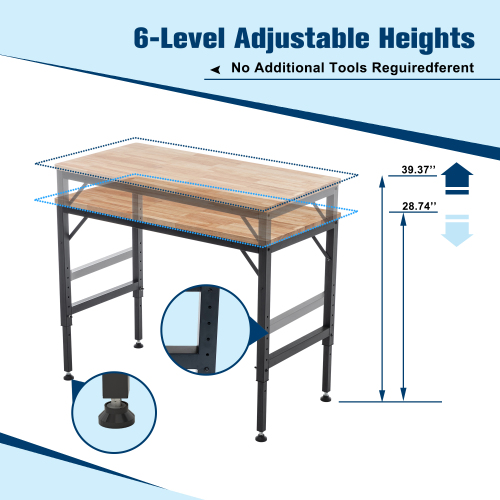 Heavy Duty Adjustable Workbench 48 Inch Garage Table with Rubber Pads & Steel Legs