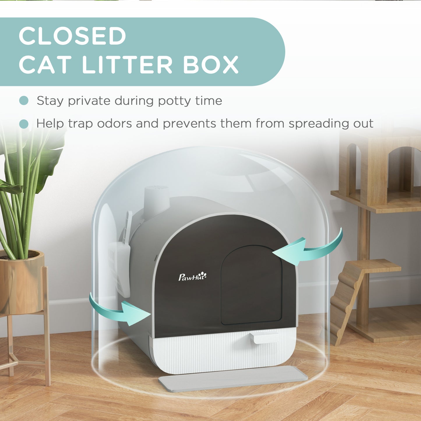 Hooded Cat Litter Box with Scoop & Filter - Light Gray, 475x455x460mm