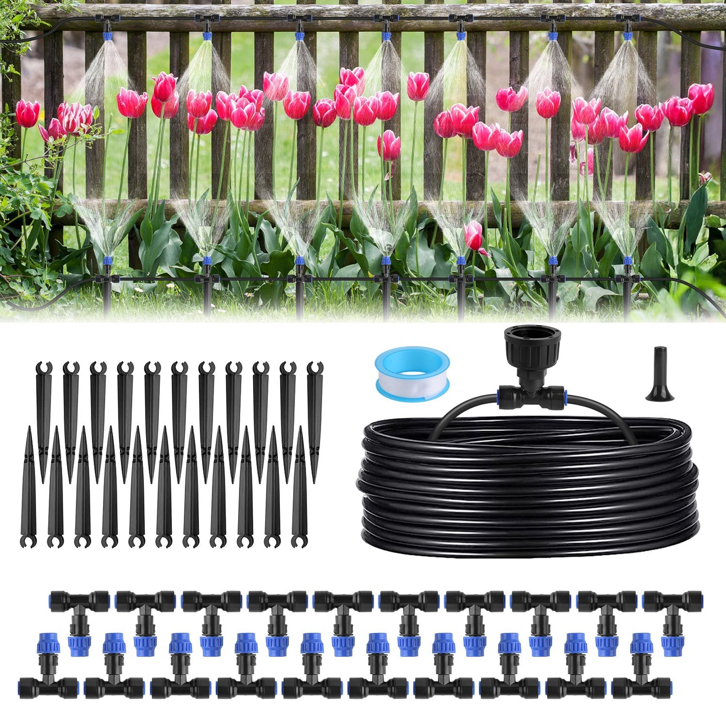 75FT Garden Drip Irrigation System with Adjustable Misting Nozzles and Quick Connect