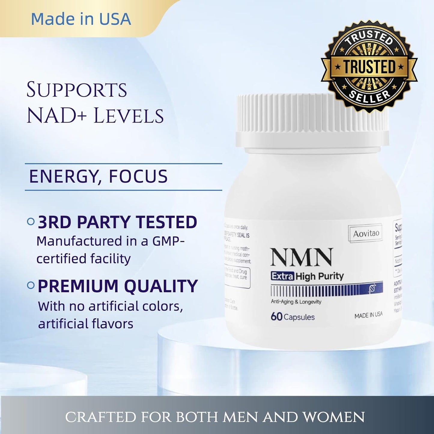NMN Supplement 500mg - Ultra Pure NAD+ Booster for Cellular Health - 60 Capsules