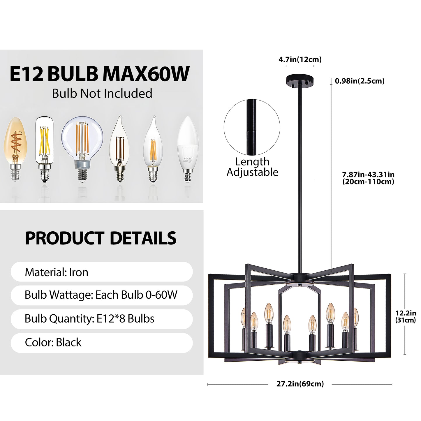 27-Inch Modern Black Geometric Pendant Light Fixture for Living Room Kitchen