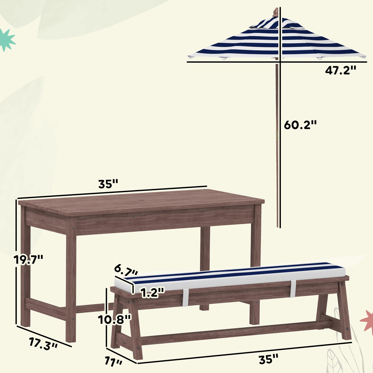 Kids Outdoor Picnic Table & Bench Set with Umbrella - Navy Blue