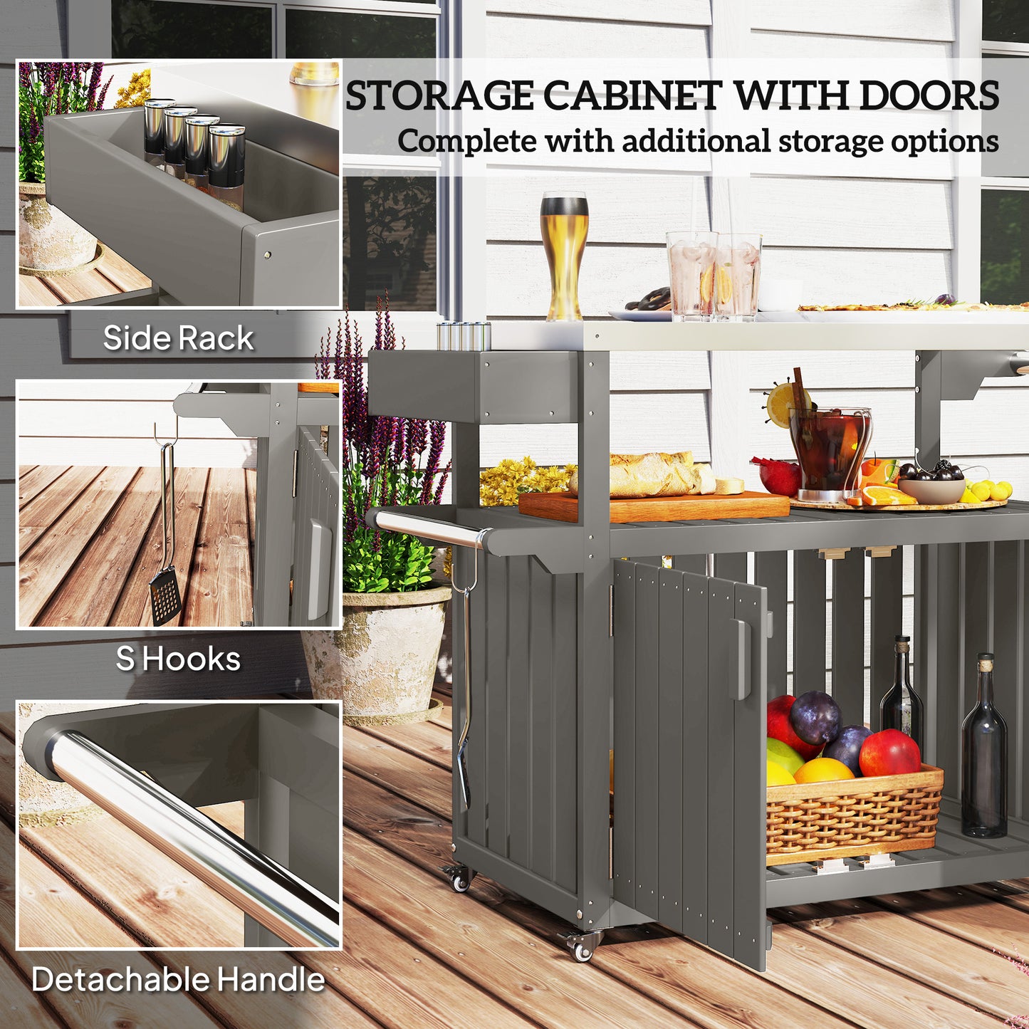 Outdoor Bar Cart - Stainless Steel Top, HDPE Storage, Wheeled - Dark Gray