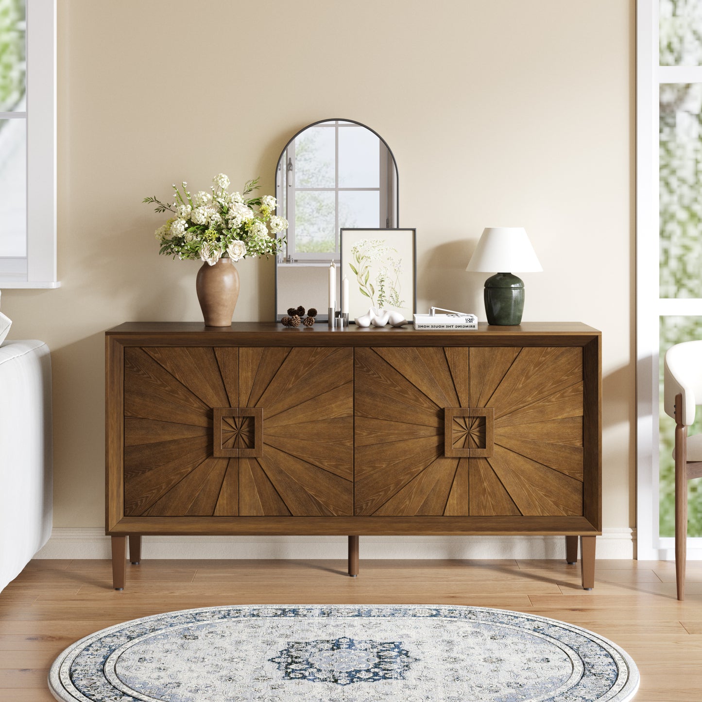 60" Premium Rustic Farmhouse Credenza with Adjustable Shelves - Antique Brown
