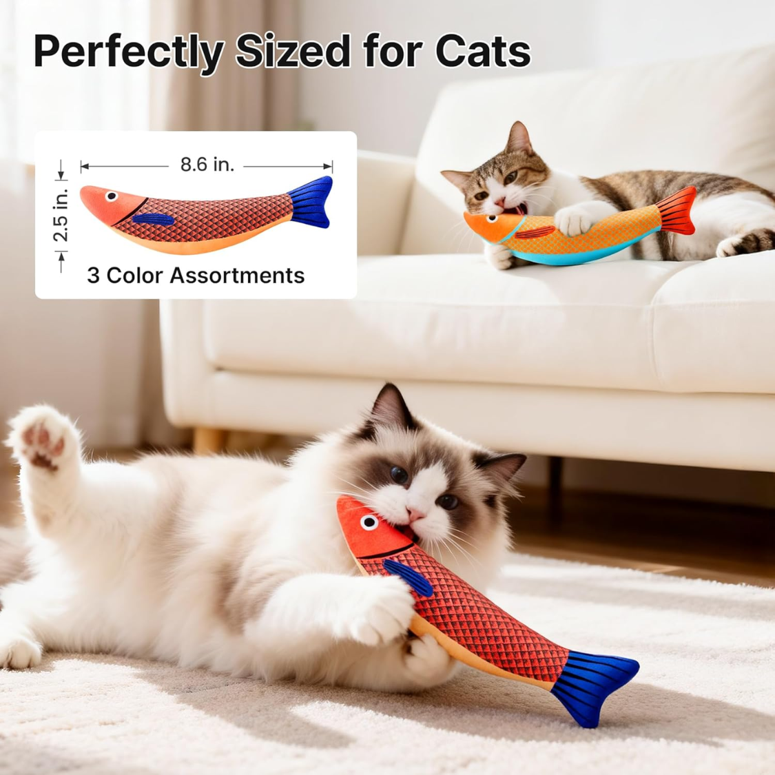Interactive Catnip Fish Toys 3 Pack - Soft Plush, Crinkle Sound, Multicolor Kitten Kicker Toys