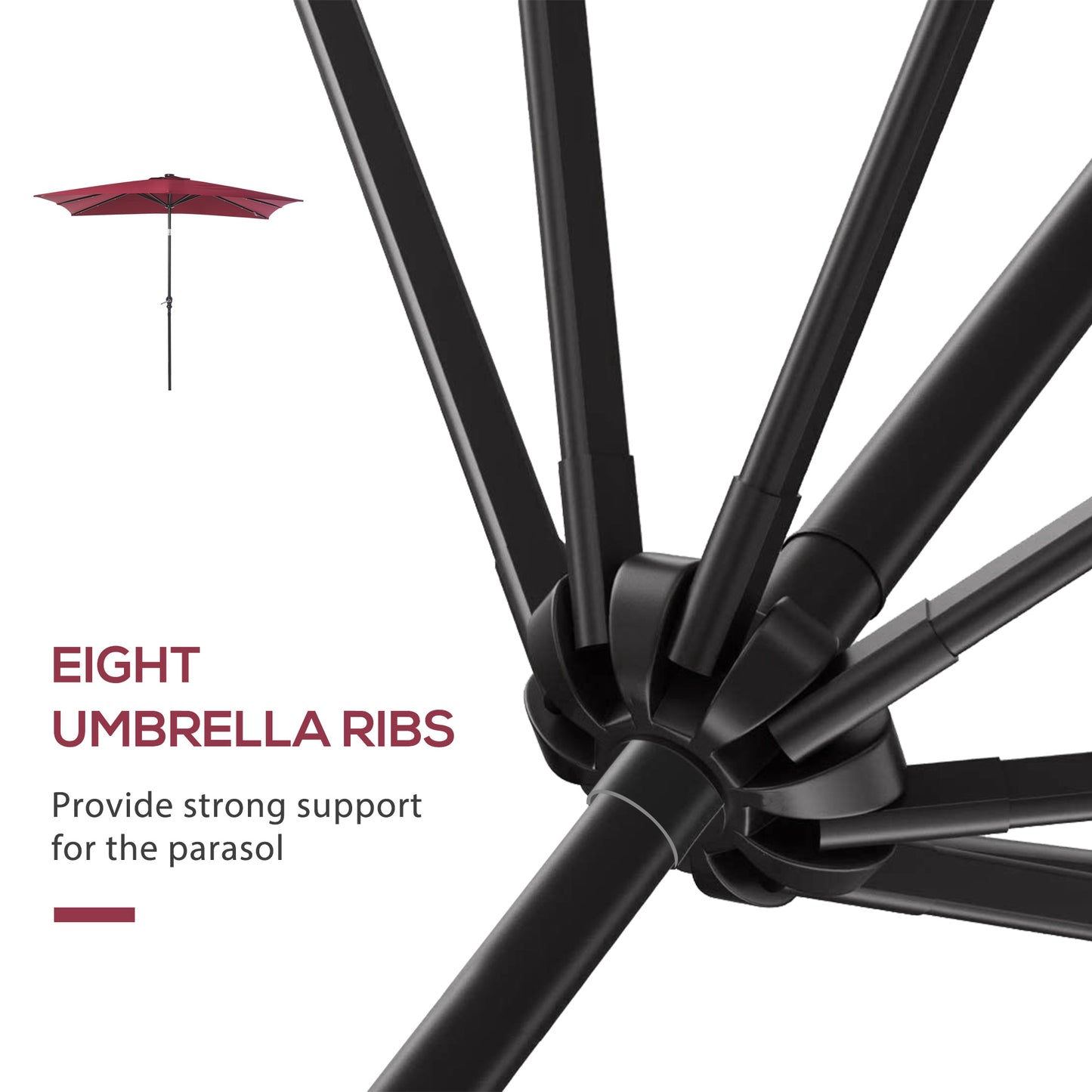 Solar LED Lighted Patio Umbrella - Wine Red, 9x7 ft with Tilt & Crank