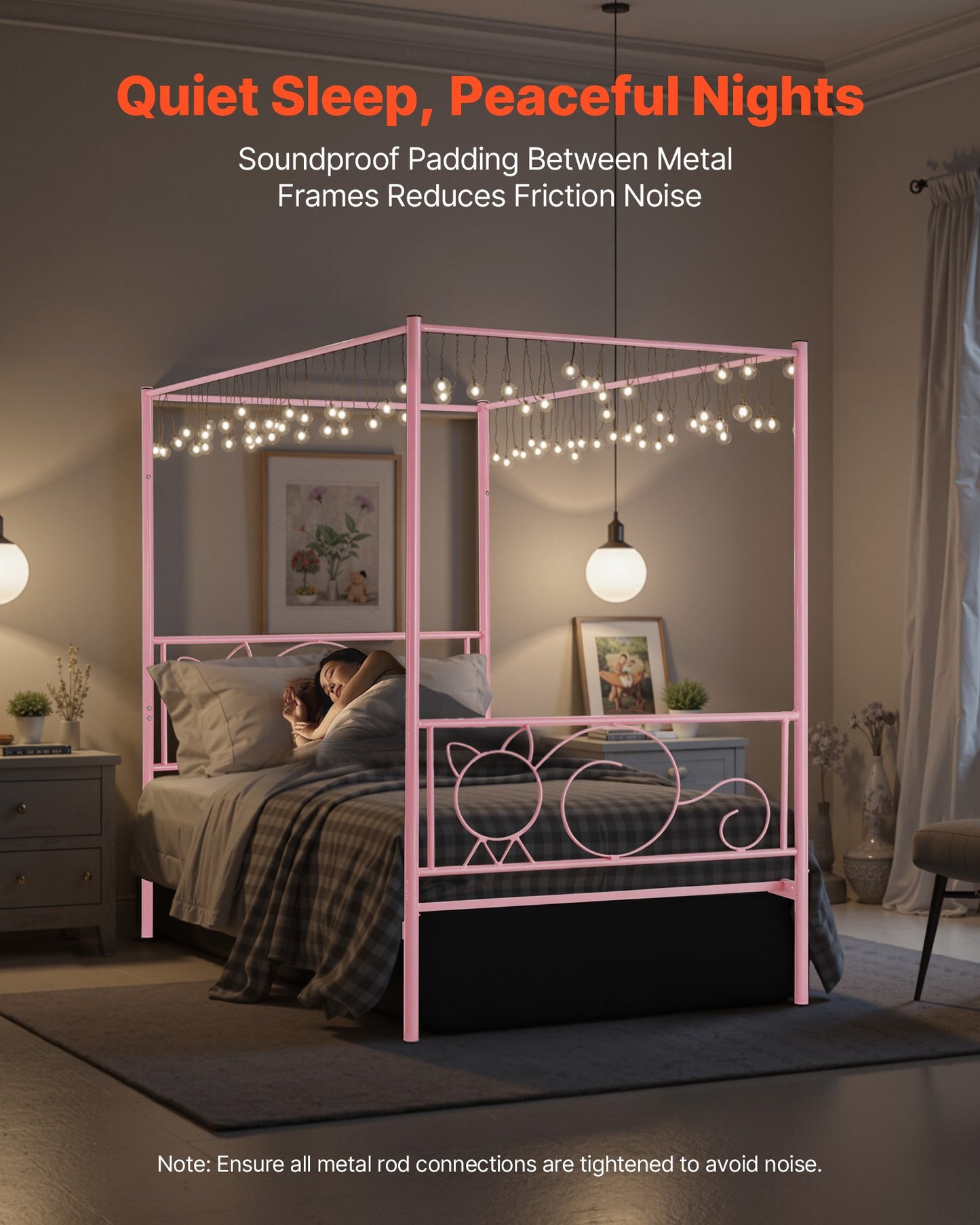 Twin Size Metal Canopy Bed Frame with Storage, Pink, Easy Assembly