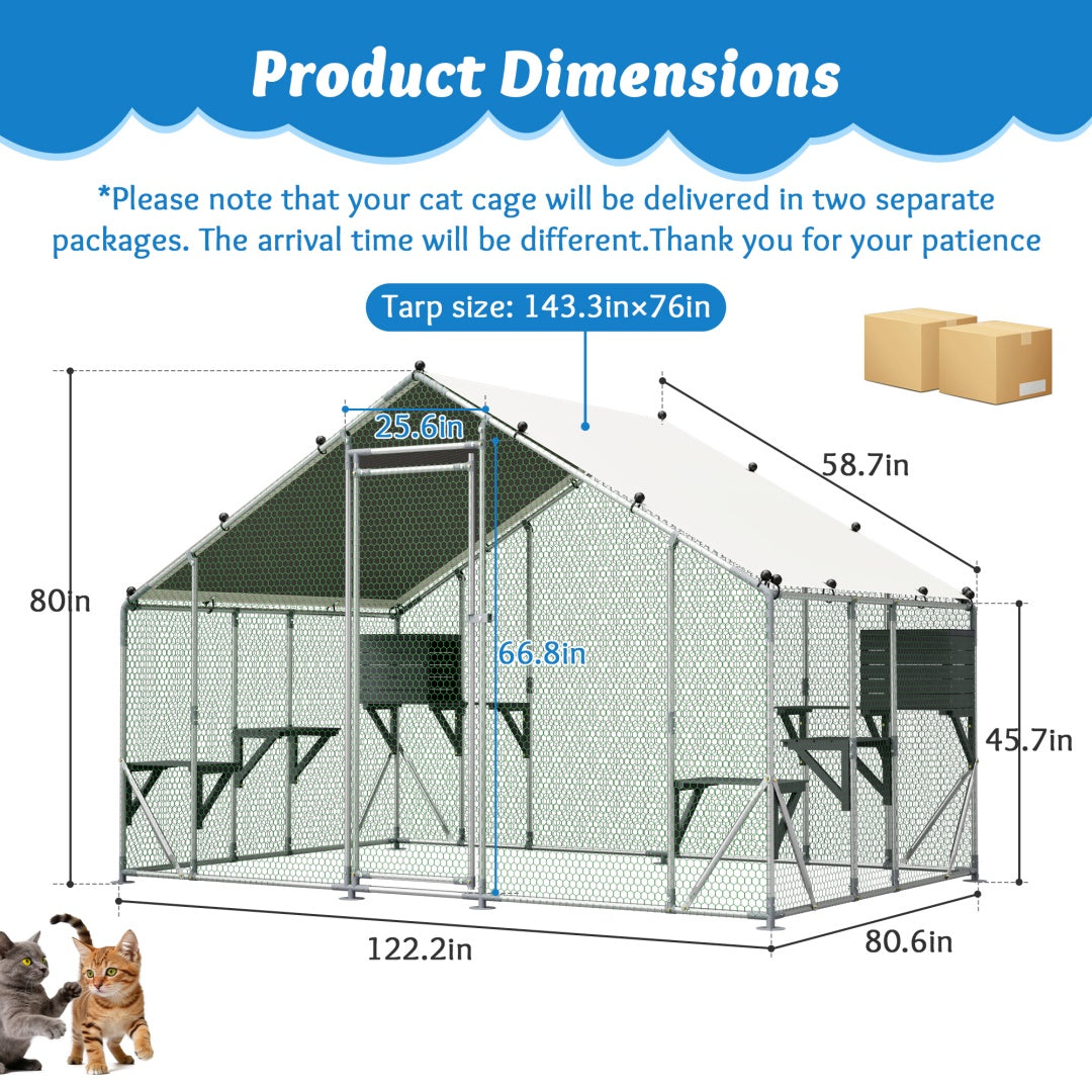 Outdoor Metal Cat Cage 3x2m with Solid Wood Platform Waterproof Tarp Safety Lock