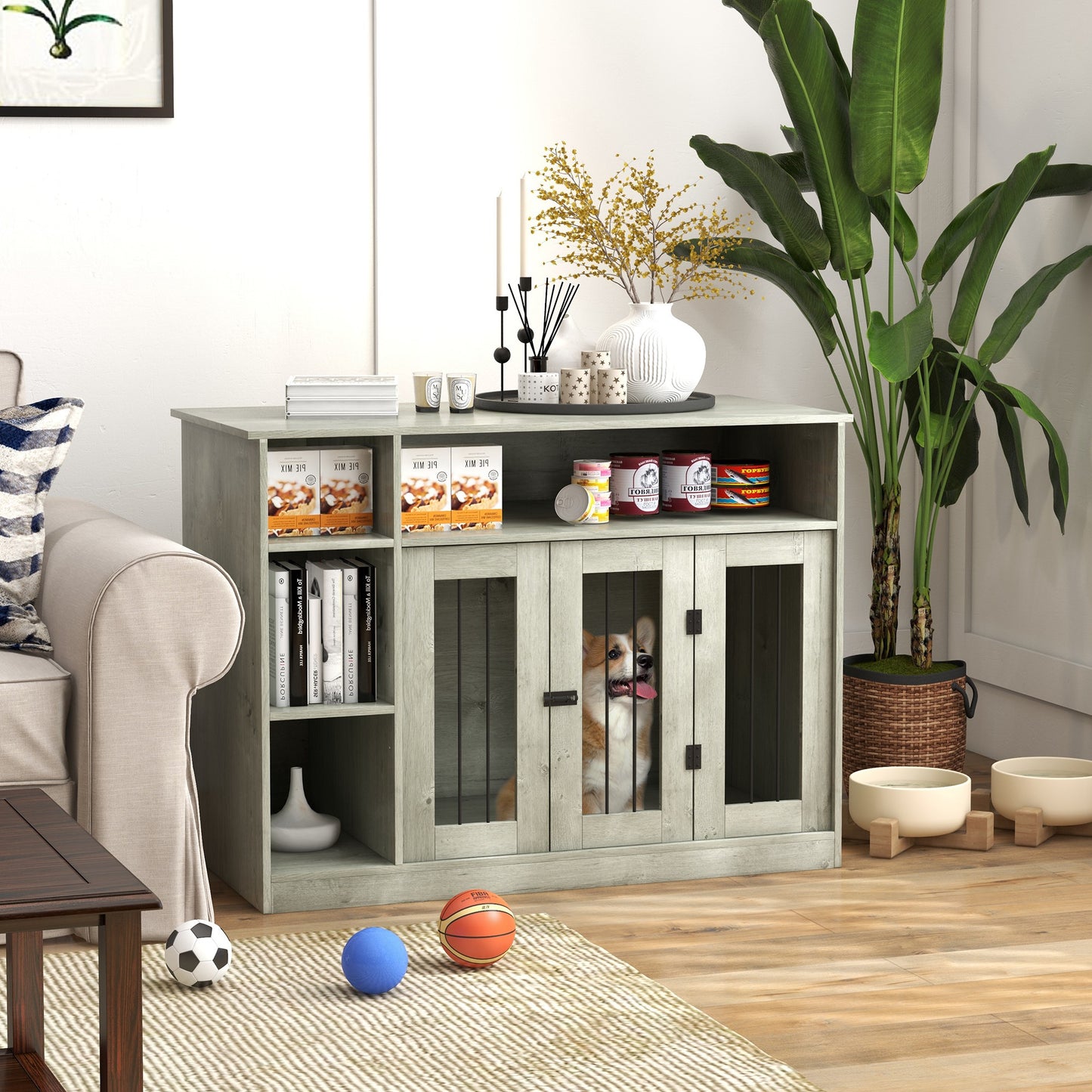 47-Inch Dog Crate Furniture with Storage & Lockable Door for Medium & Large Dogs