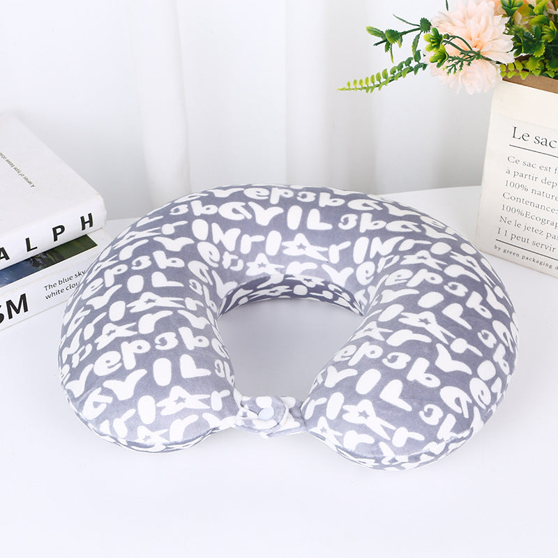 Letter Print U-Shaped Travel Neck Pillow with Microbead Filling and Snap Button
