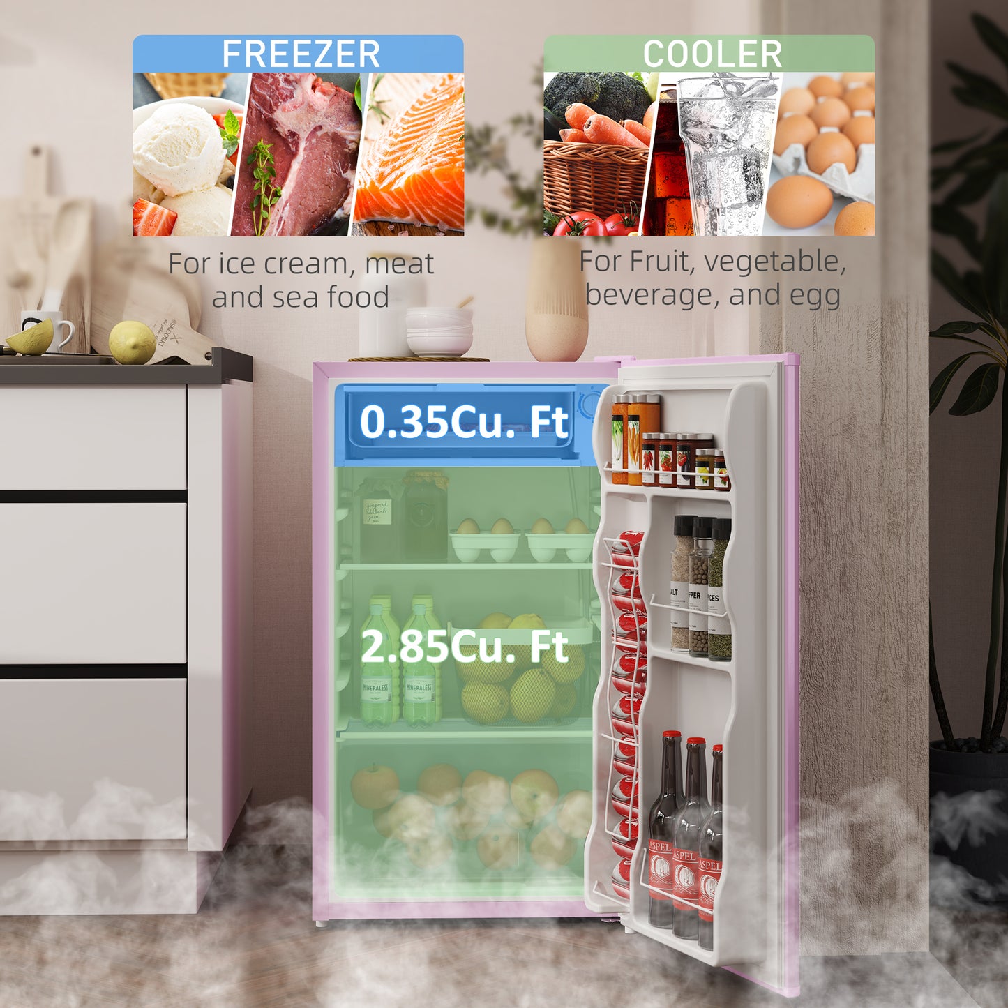 Pink Mini Fridge with Freezer, 3.2 Cu Ft Compact Refrigerator, Reversible Door