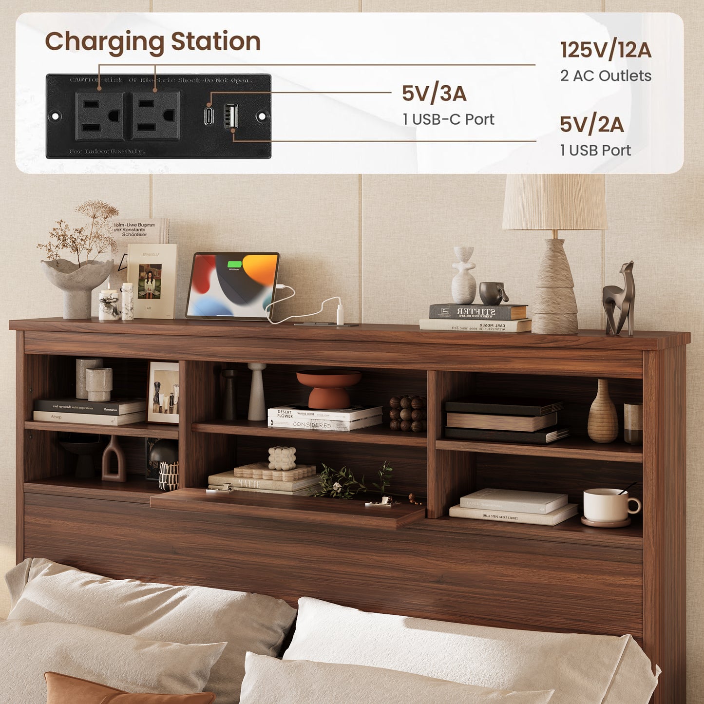 4PCS Bedroom Sets, Wooden Queen Size Bed Frame With Storage Headboard