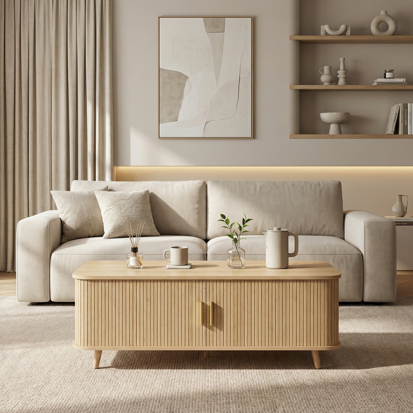 Modern Mid-Century Coffee Table With Storage Natural Wood Finish, 4