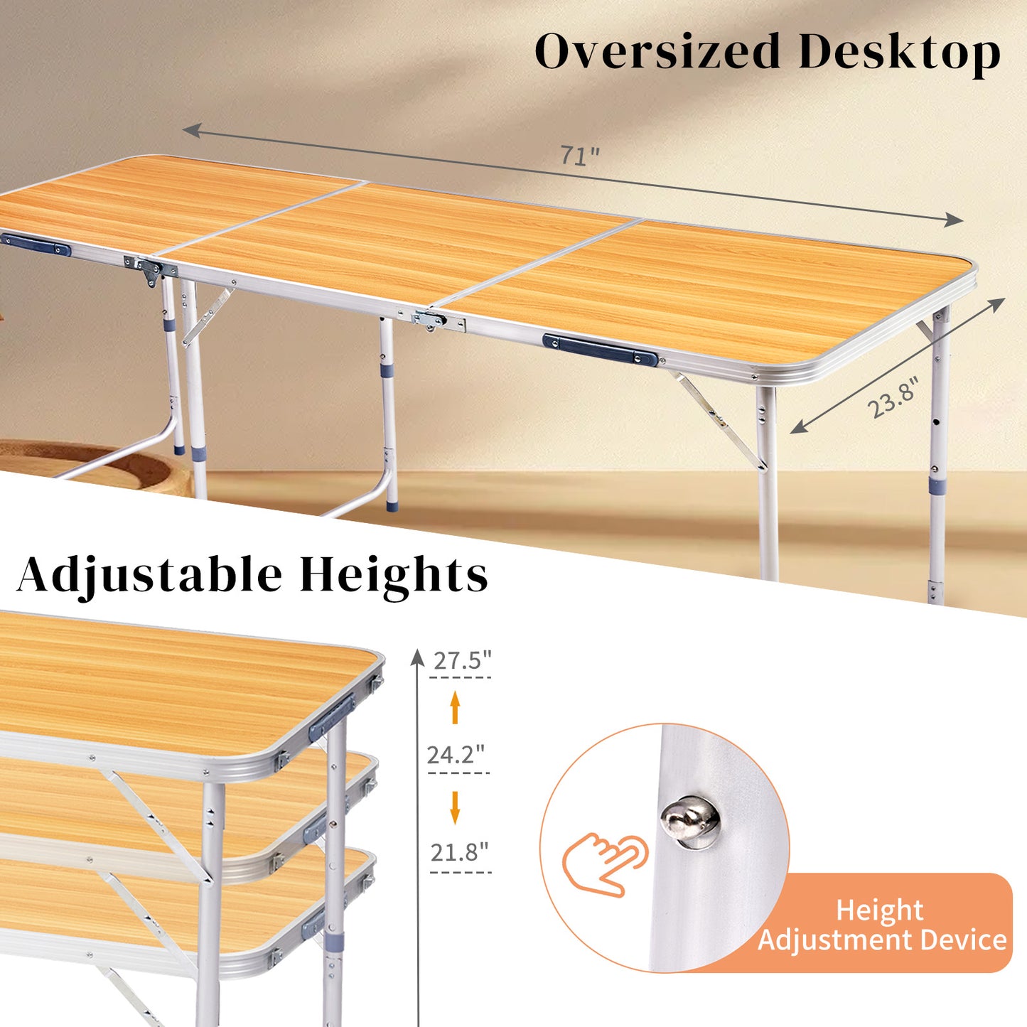 6ft Wood Grain Folding Table - Aluminum Alloy Tri-Fold Design