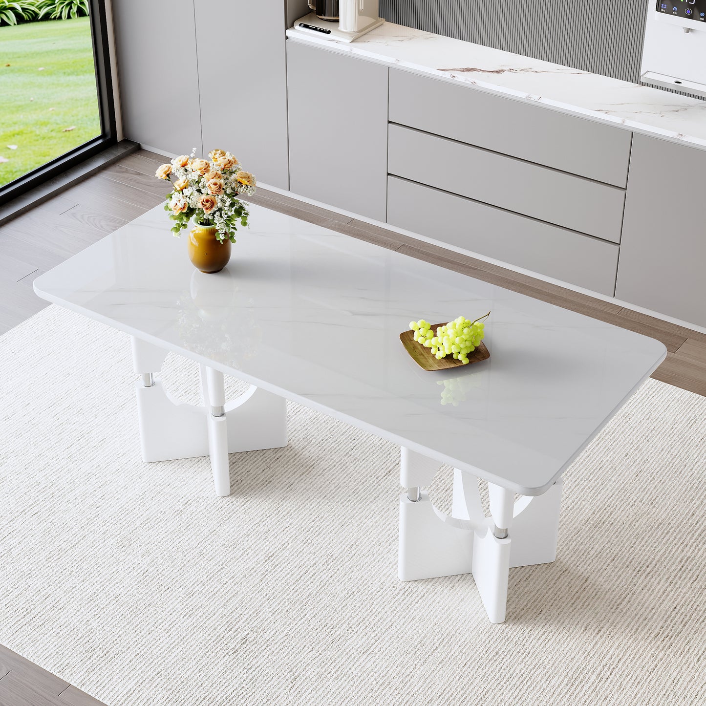 Modern White MDF Dining Table with Marble Pattern & Metal Frame