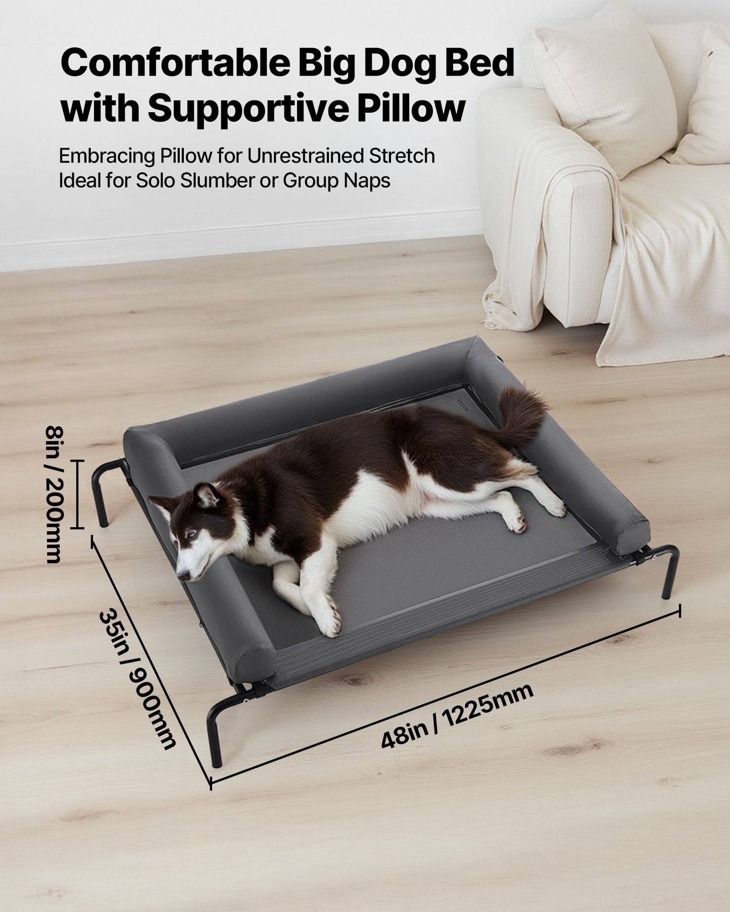 Large Elevated Dog Bed with Pillow - Portable Raised Pet Cot in Gray, XL