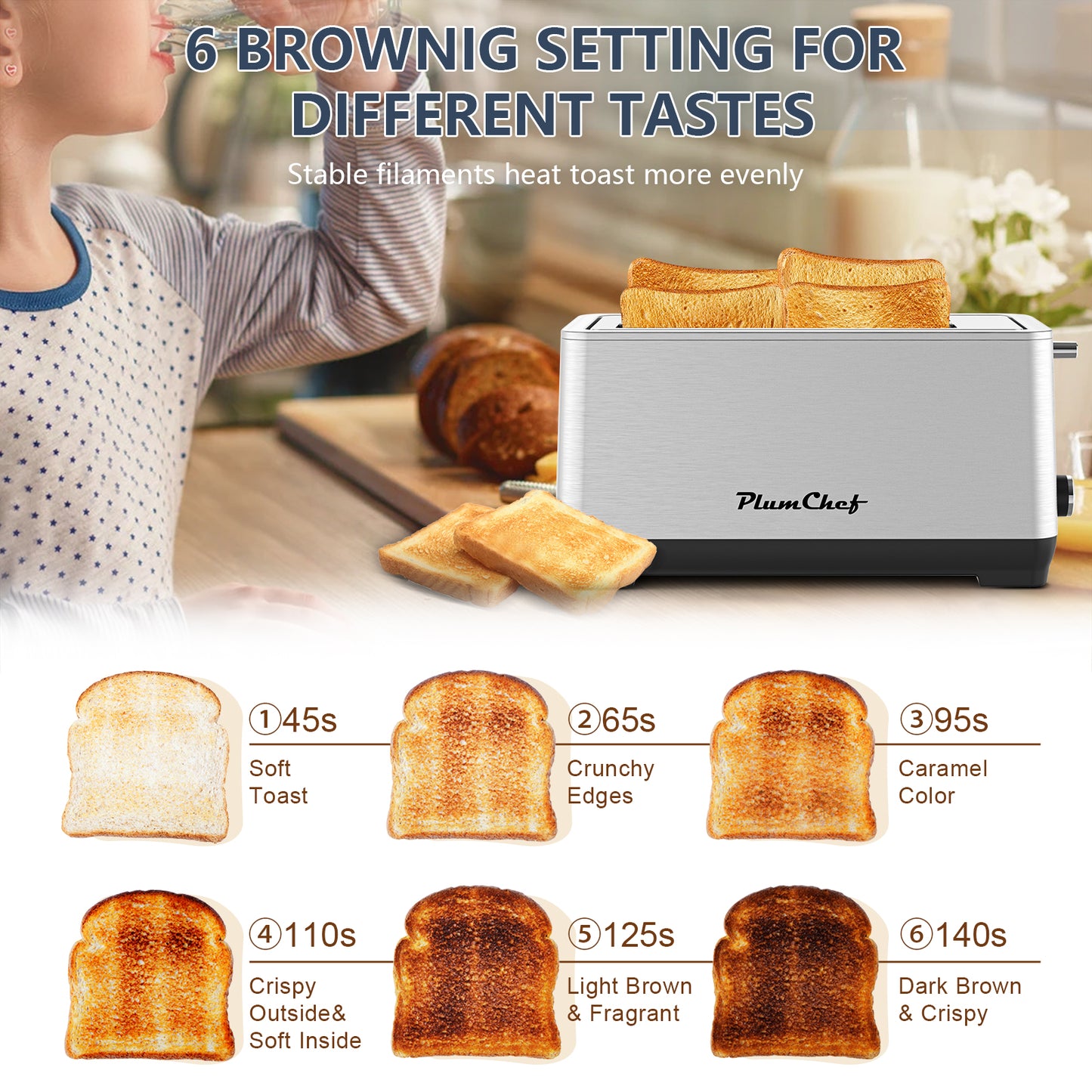 4-Slice Extra Wide Long Slot Toaster with 6 Settings - Silver