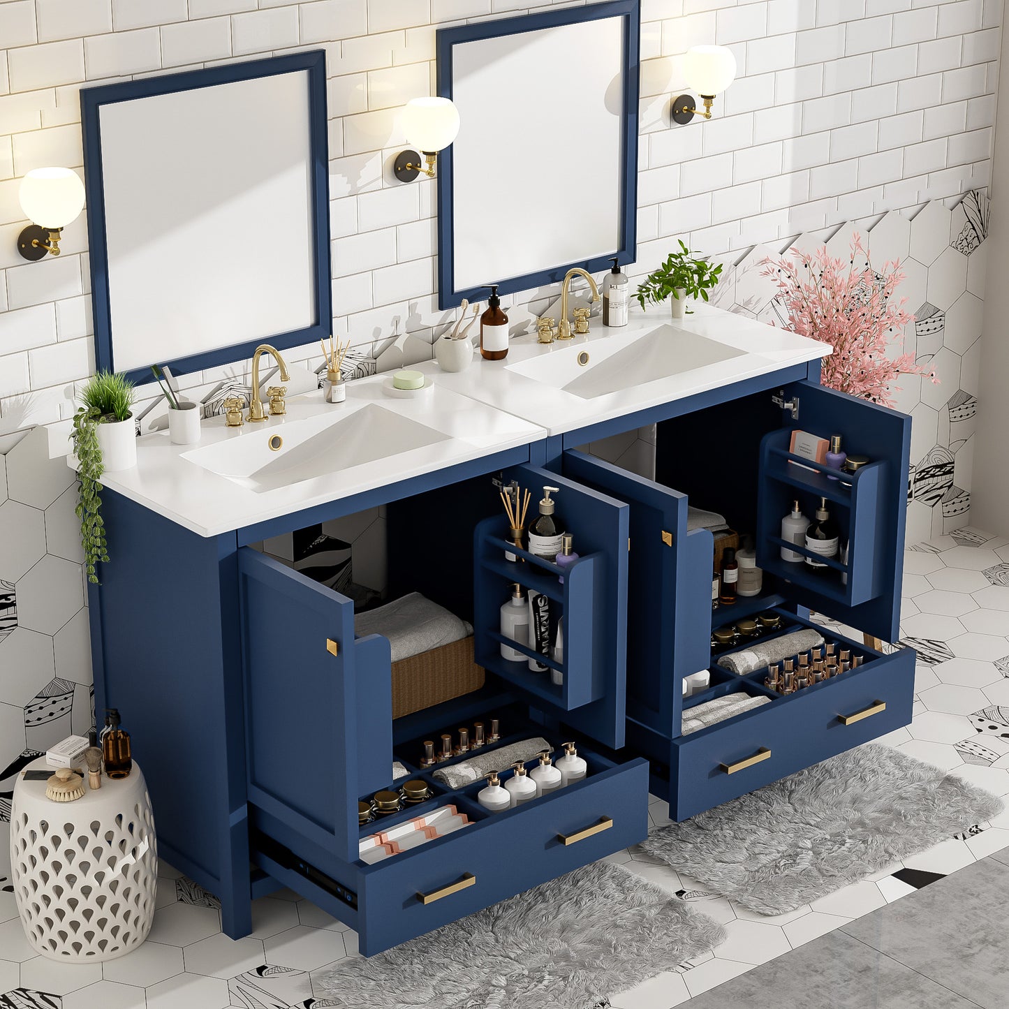 60" Blue Bathroom Vanity Set with Double Ceramic Sinks and Storage