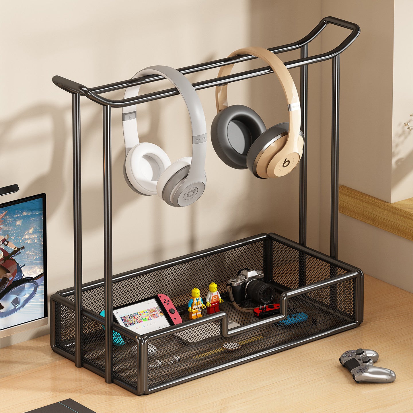 Over-Ear Headphone Stand with Multiple Tiers and Hooks - Modern Iron Storage Organizer