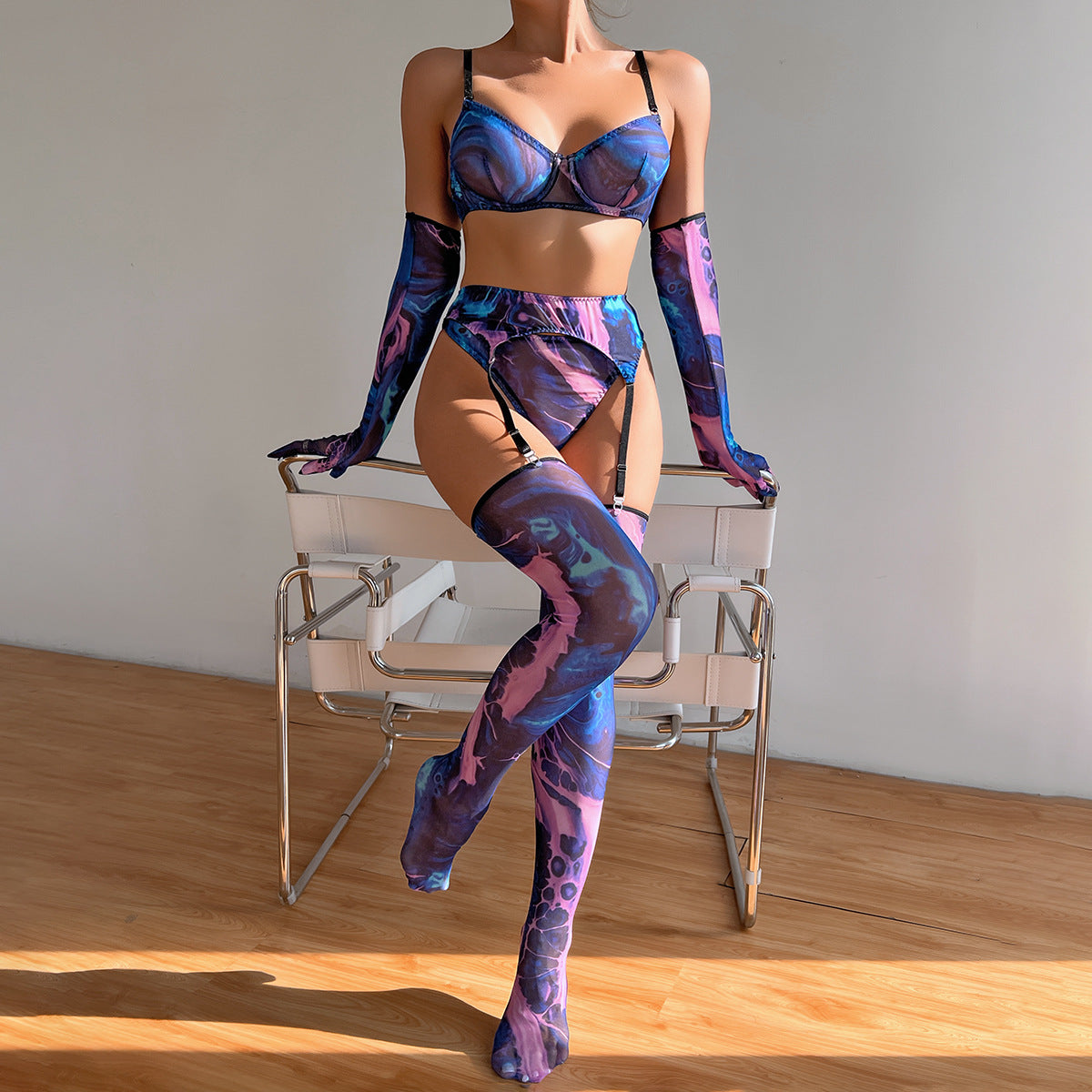 Push Up Printed Mesh Tape Gloves & Leg Warmers Women's 5-Piece Set