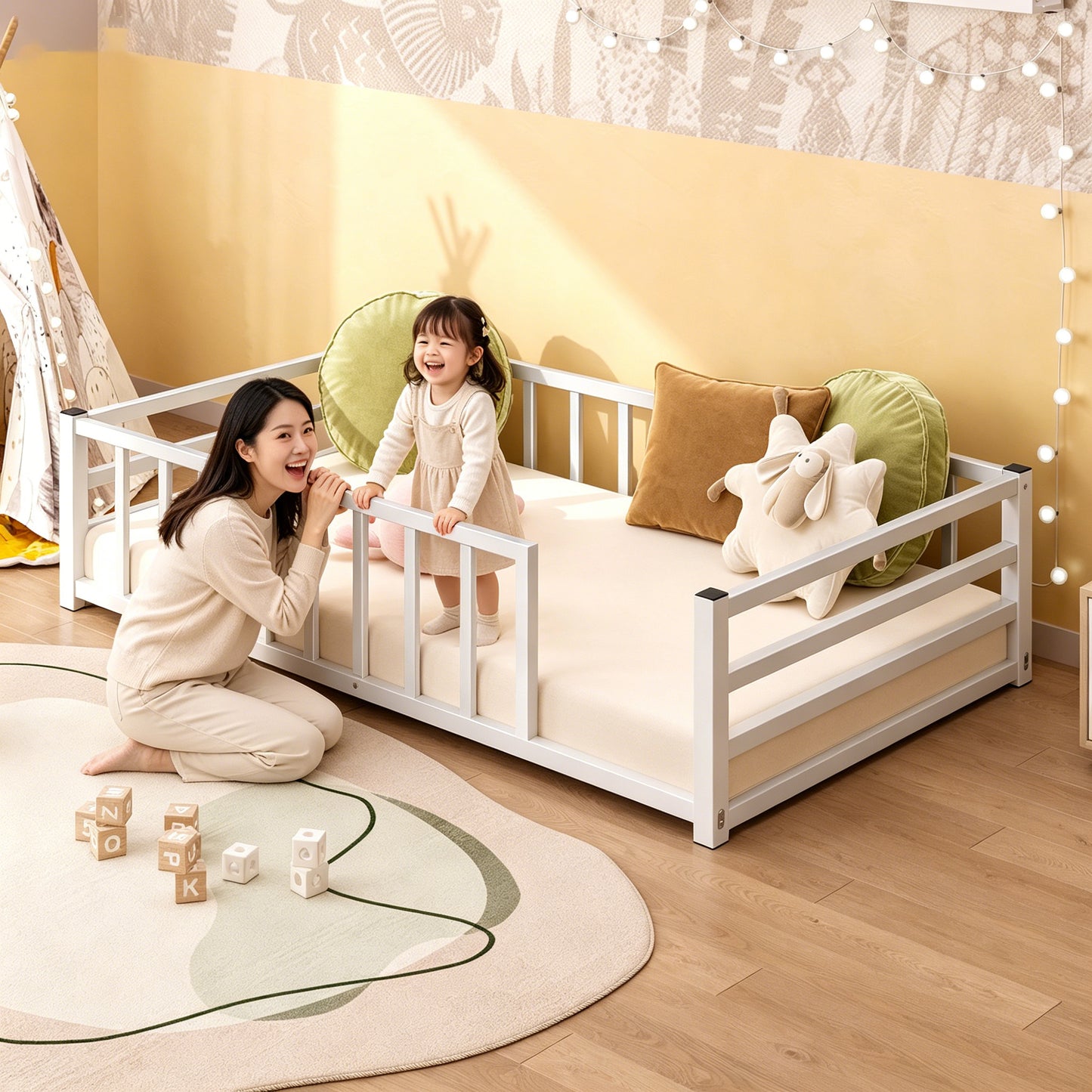 Twin Size Low Profile Metal Bed Frame with Guardrails - White