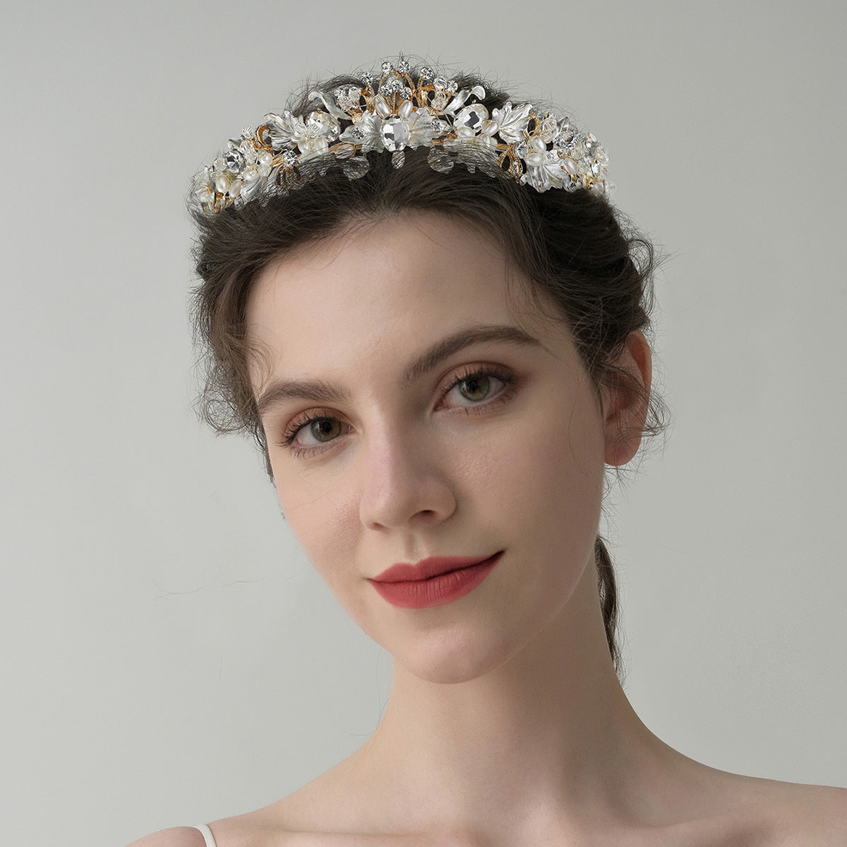 Bridal Flower Crown Headband with Baroque Flowers - Gold & Silver