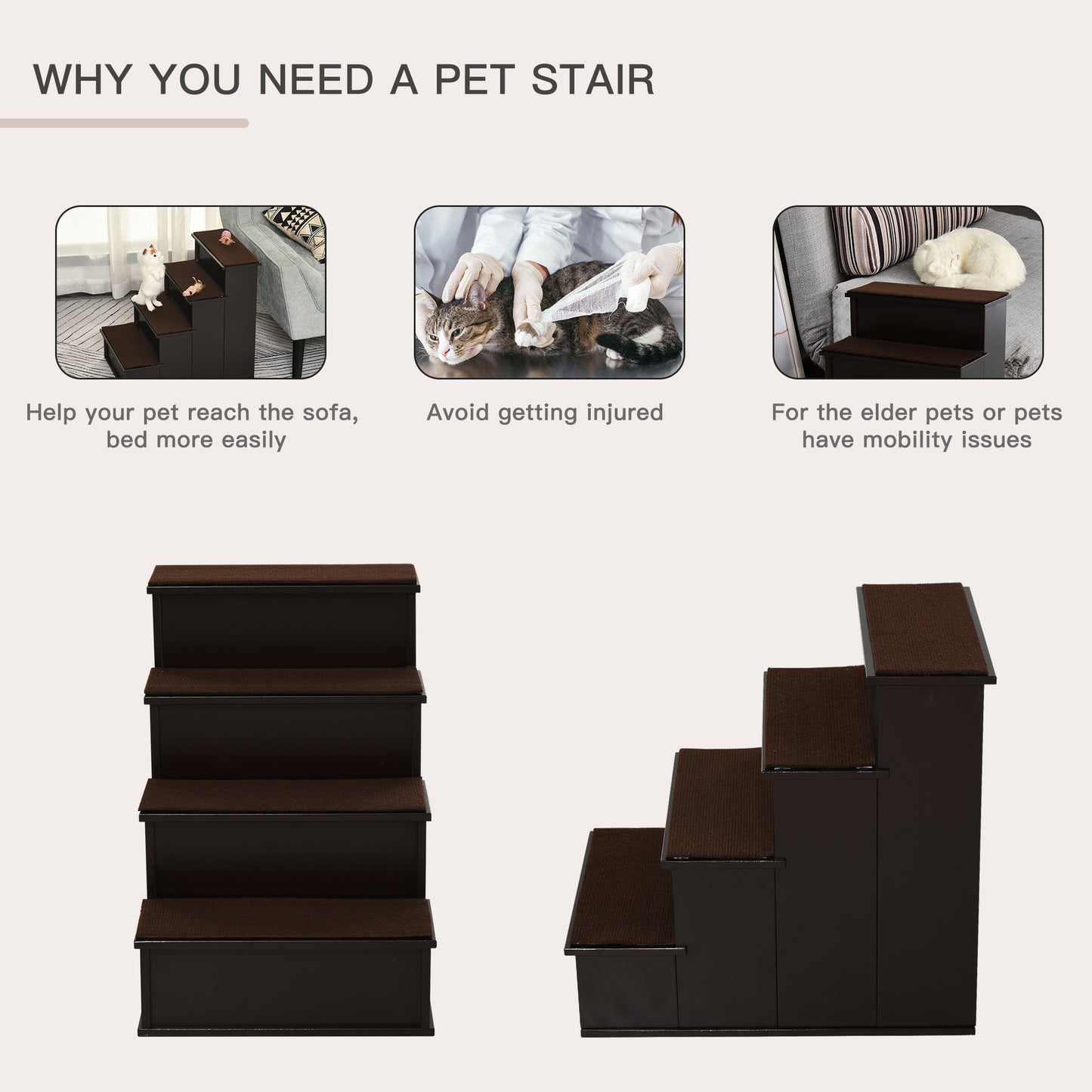Small Pet Steps with Cushioned Cover for Dogs and Cats up to 22 lbs - Brown