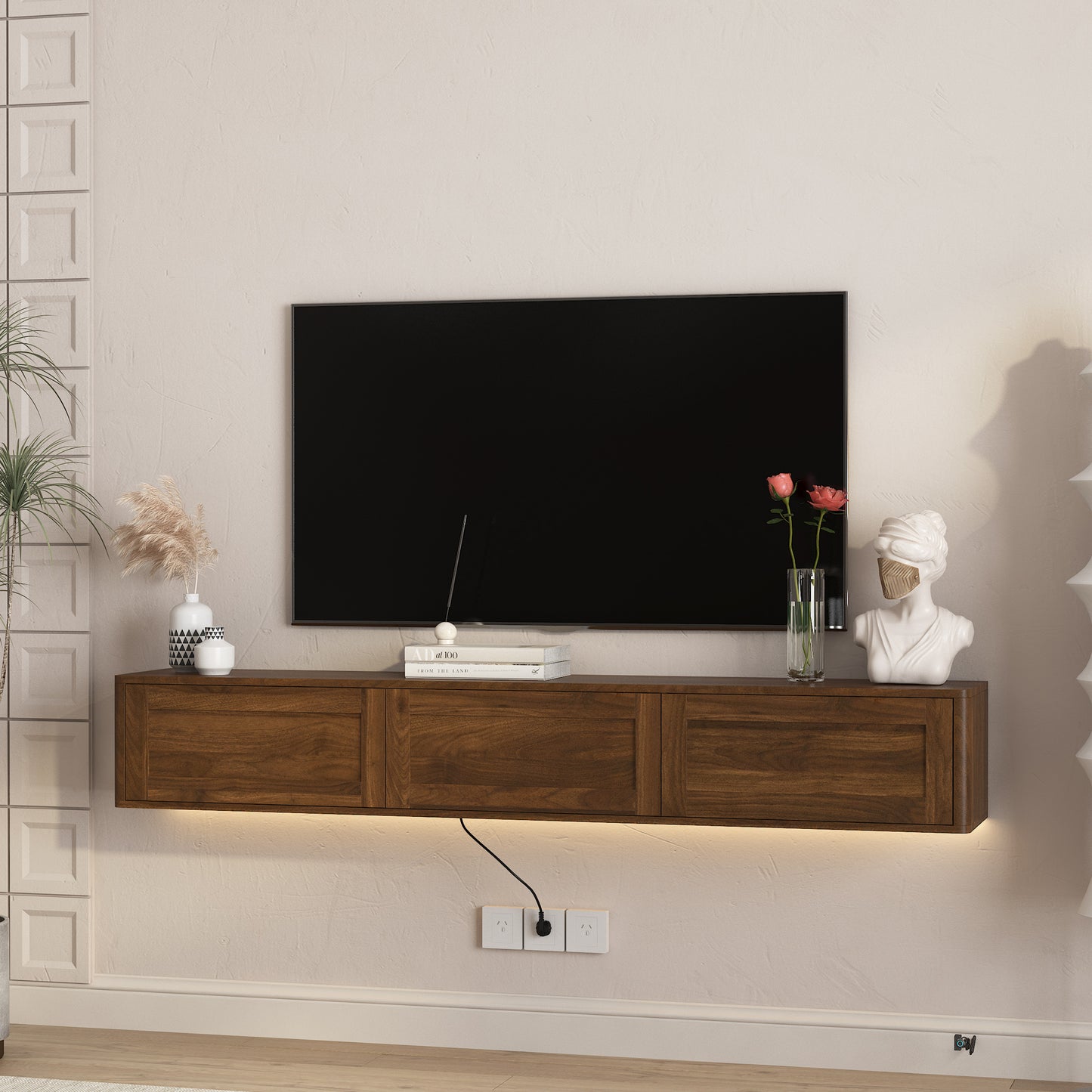 Floating TV Stand with LED Lights & Power Outlet - Wood Finish