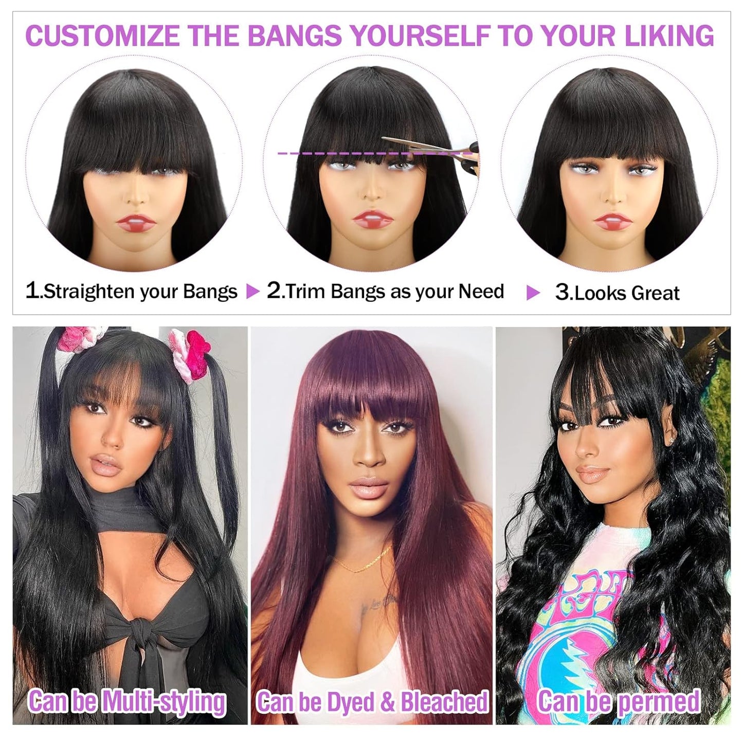 Straight Human Hair Wig with Bangs - 150% Density Natural Color