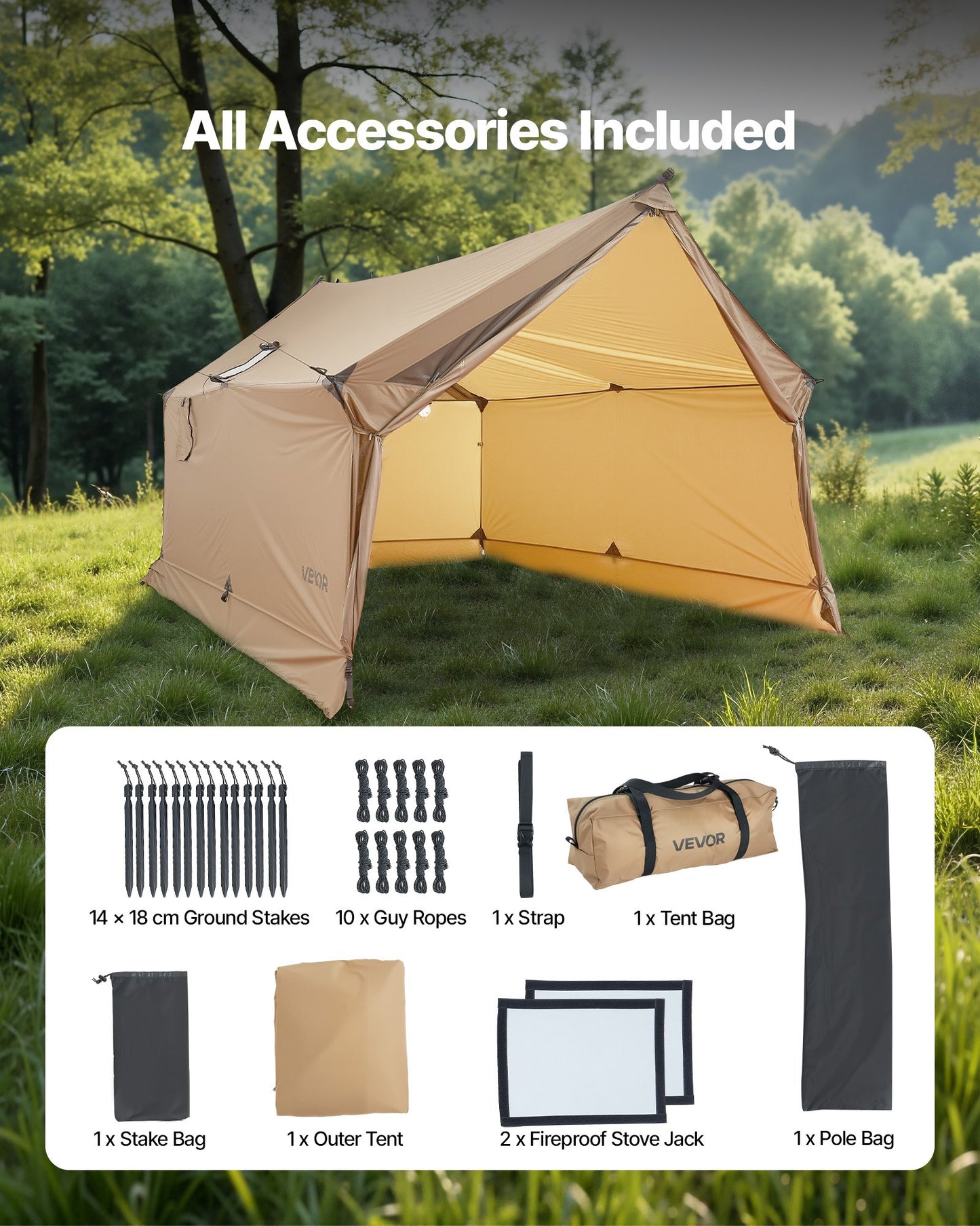 Lightweight Waterproof Cabin Hot Tent for 2 Persons with Stove Jack - Portable Camping Shelter