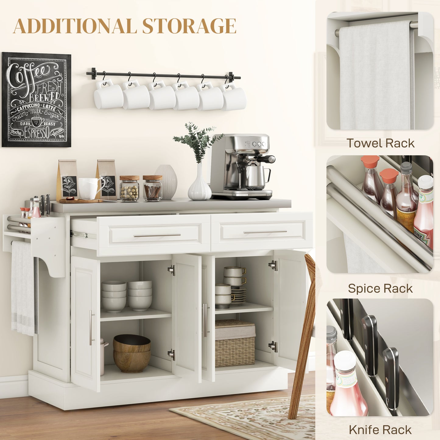 Rolling Kitchen Island Cart with Stainless Steel Top - Cream White