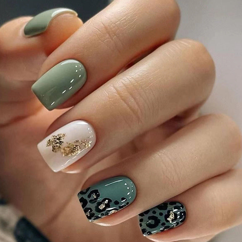 Green Leopard Print Nail Art Stickers with Gold Foil - 24pcs