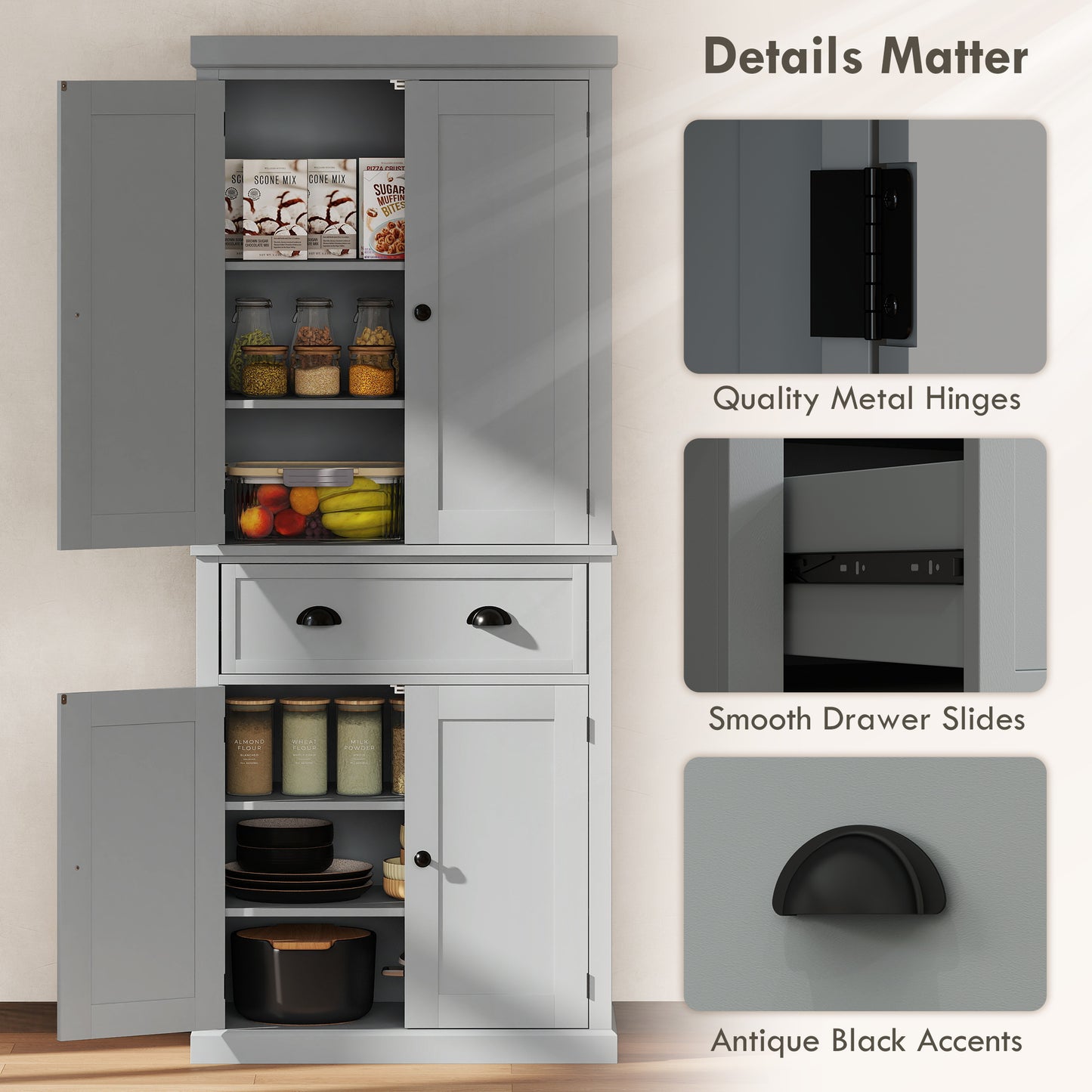 72.5" Gray Kitchen Storage Cabinet with Doors & Shelves