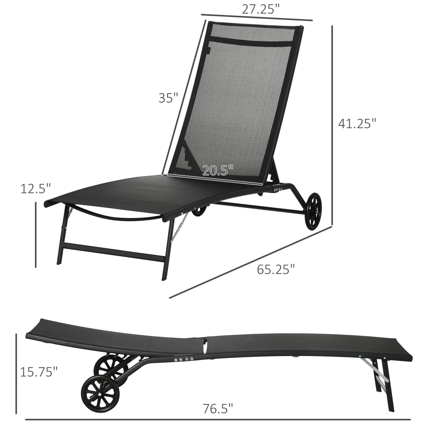 2-Piece Outdoor Chaise Lounge Chair Set with Wheels - Black