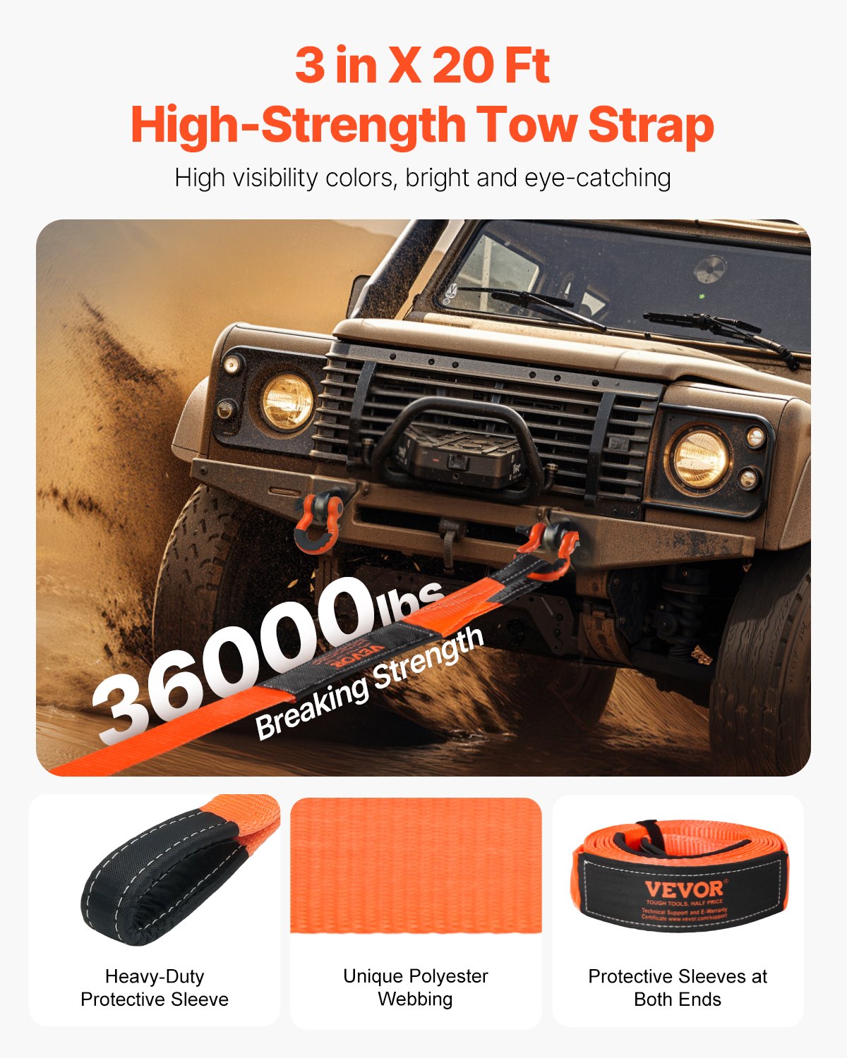 Heavy Duty Tow Strap Rope 36,000 Lbs 20 Ft Emergency Towing Strap - Orange