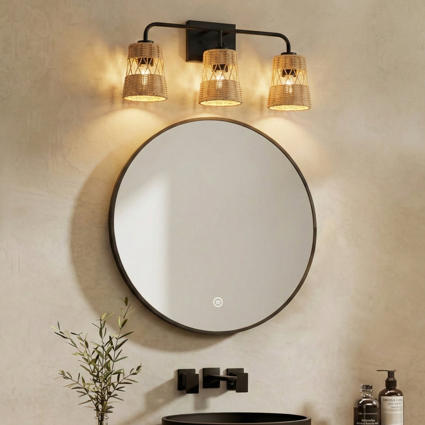 Moonlit Three Lights Wall Sconce With Rattan Shade, Bathroom Lighting