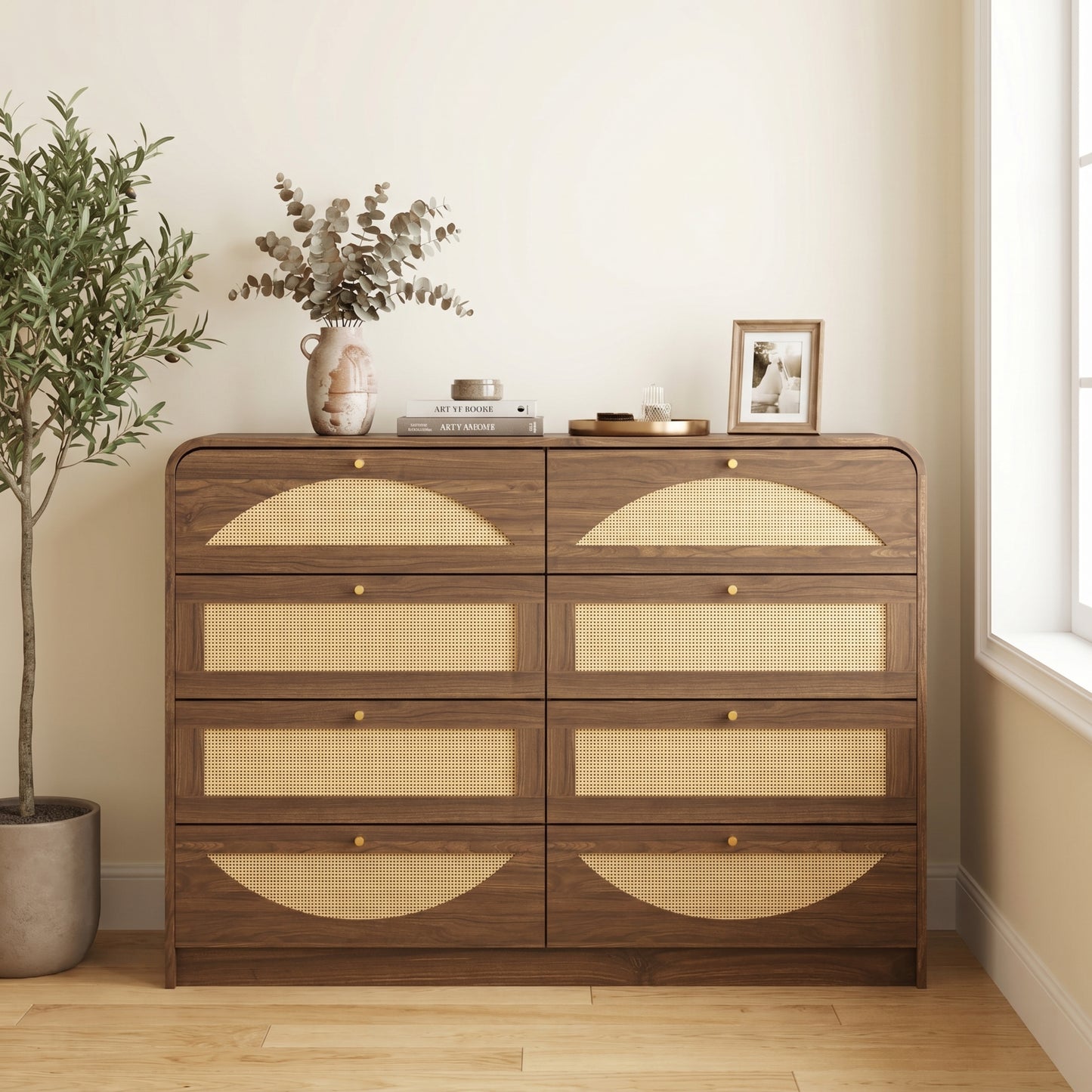 Walnut 8-Drawer Dresser with Rattan Front - Modern Storage Cabinet