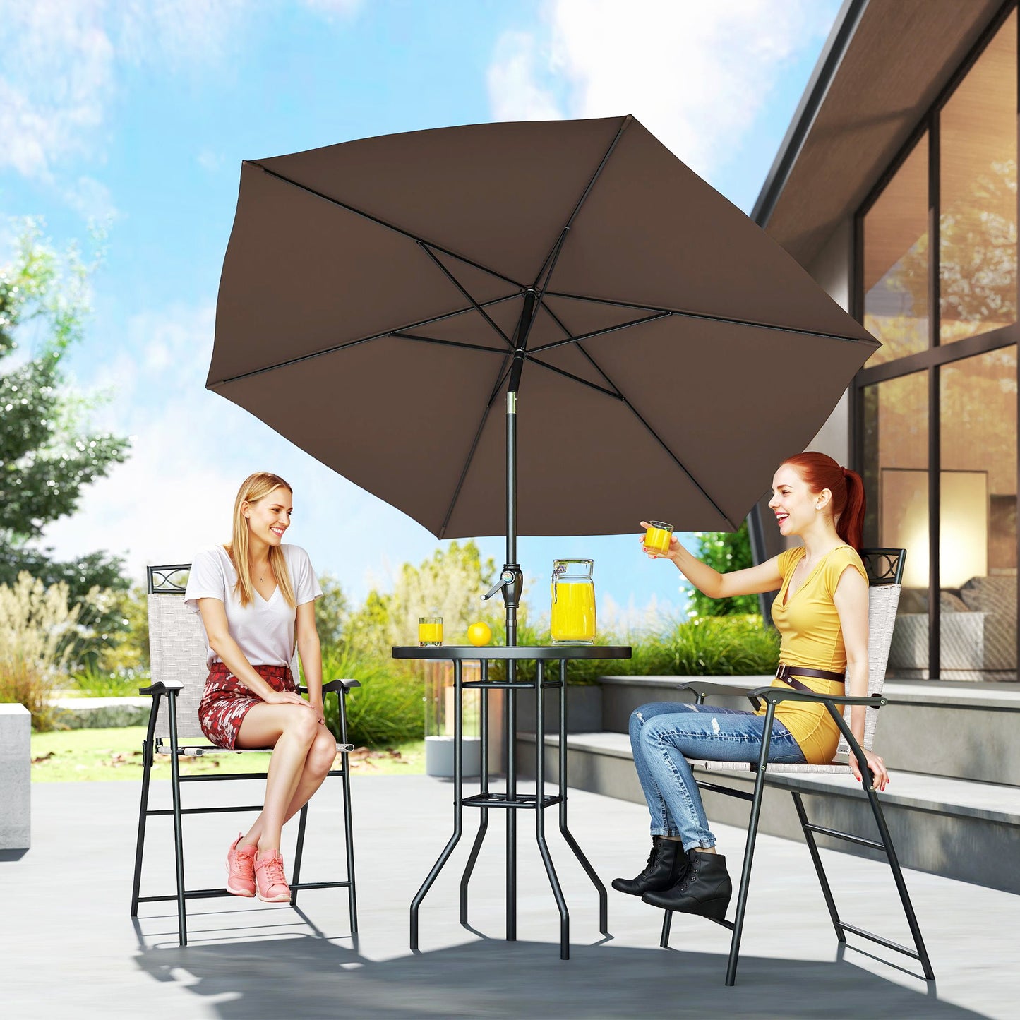 4-Piece Outdoor Bar Set with Umbrella and Folding Chairs - Beige
