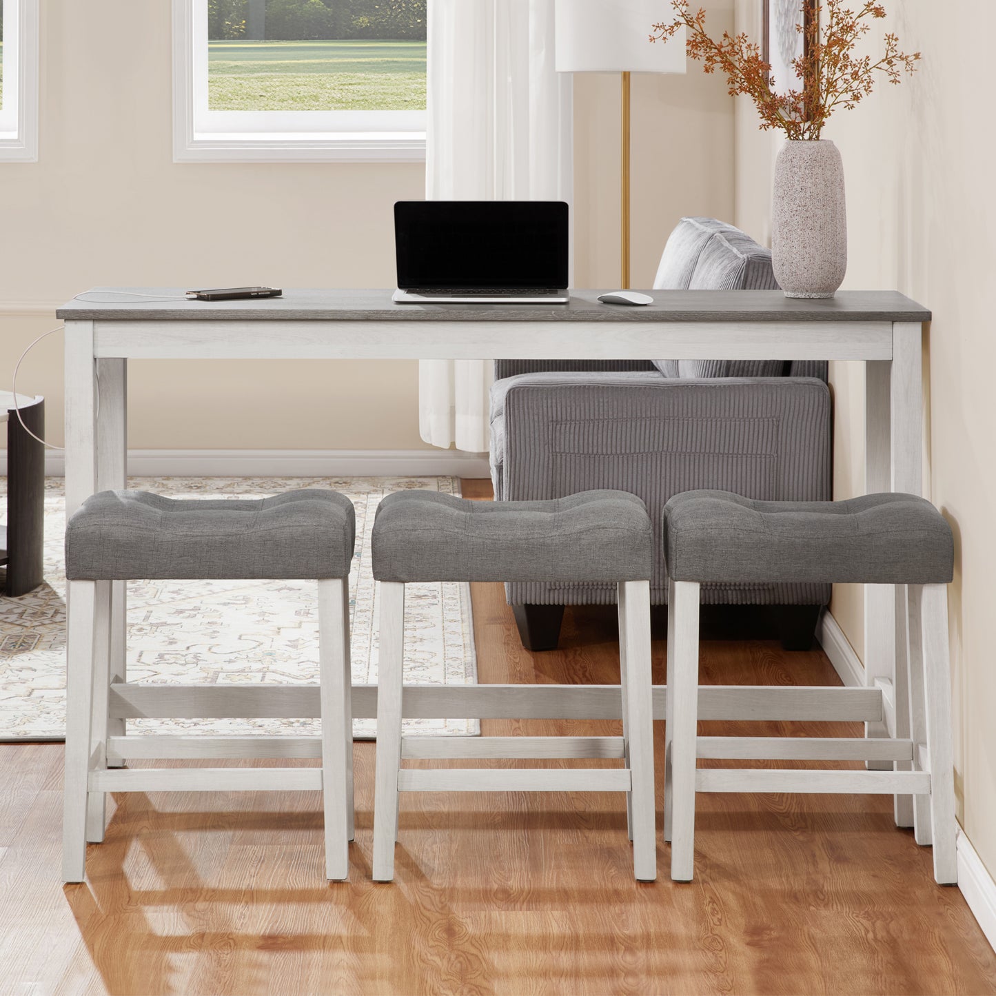 Bar Table Set with Power Outlet & 3 Padded Stools - Grey & White