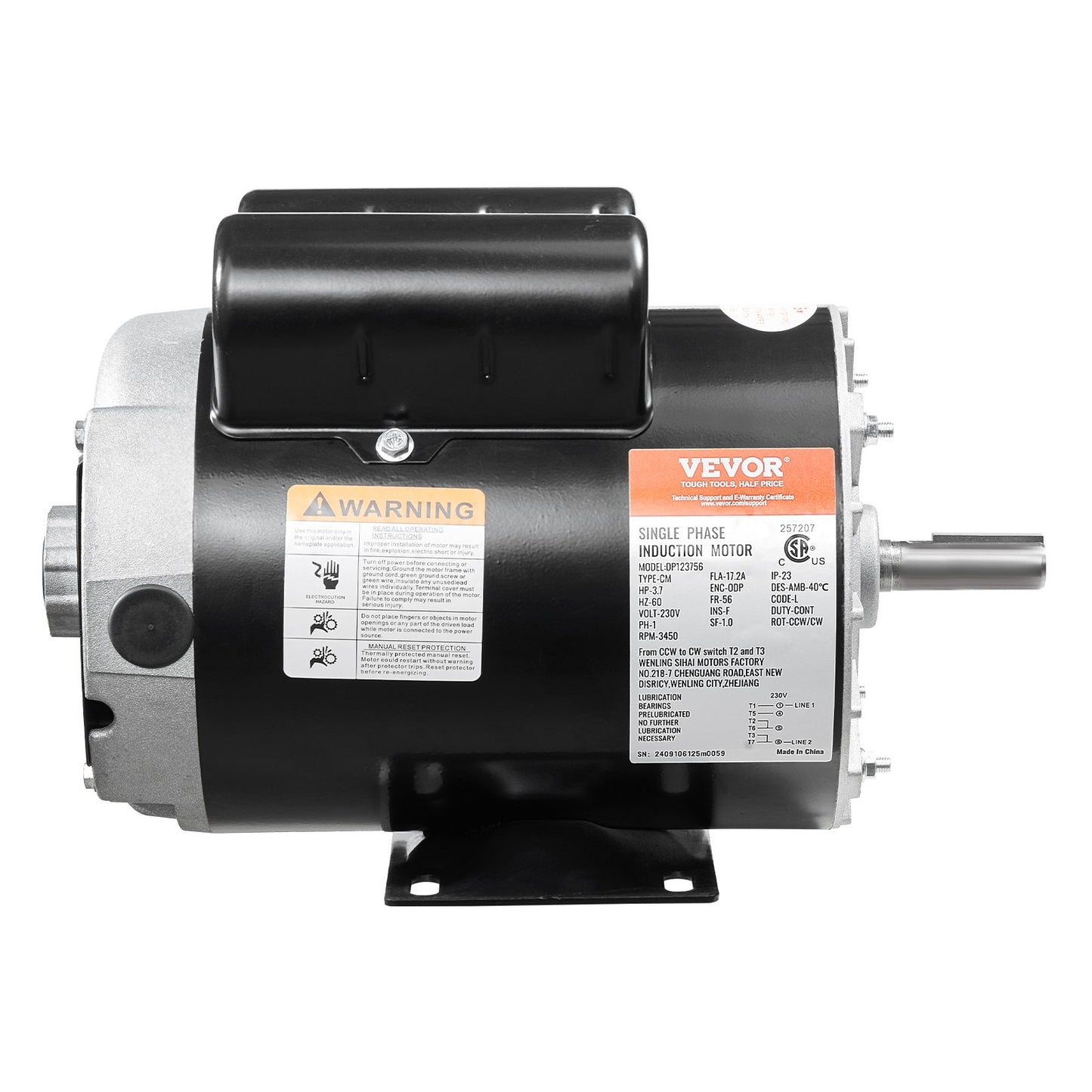 3.7HP Electric Air Compressor Motor 230V 56 Frame CW/CCW Rotation