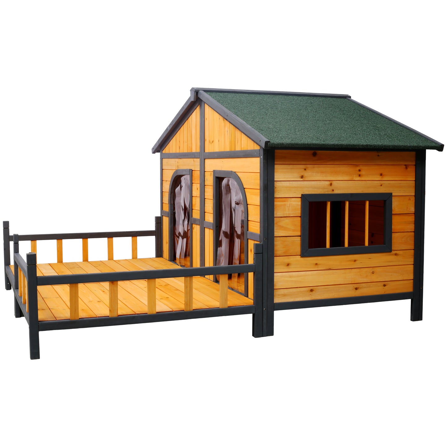 Large Wooden Dog House Outdoor Double Kennel with Porch & Elevated Floor