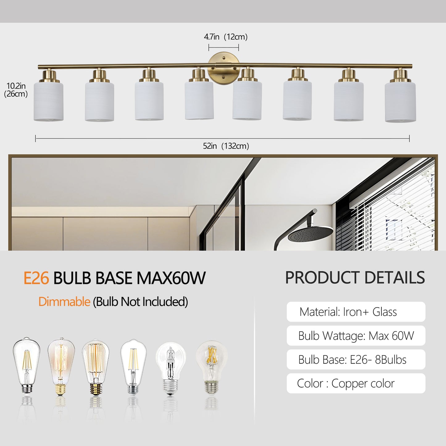 Modern 8-Light Wall Sconce - Golden Finish with Frosted Glass Shades