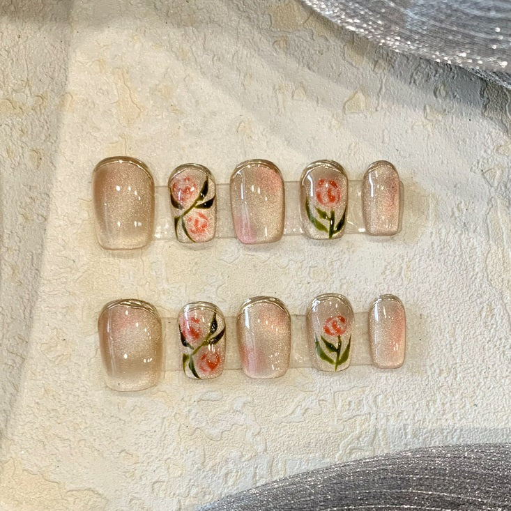 French Rose Nail Tips Set - Short Temperamental Fake Nails for Nail Art