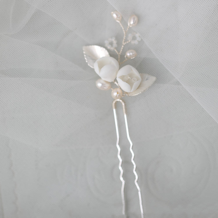 Bridal Ceramic Flower Hair Fork with Pearl