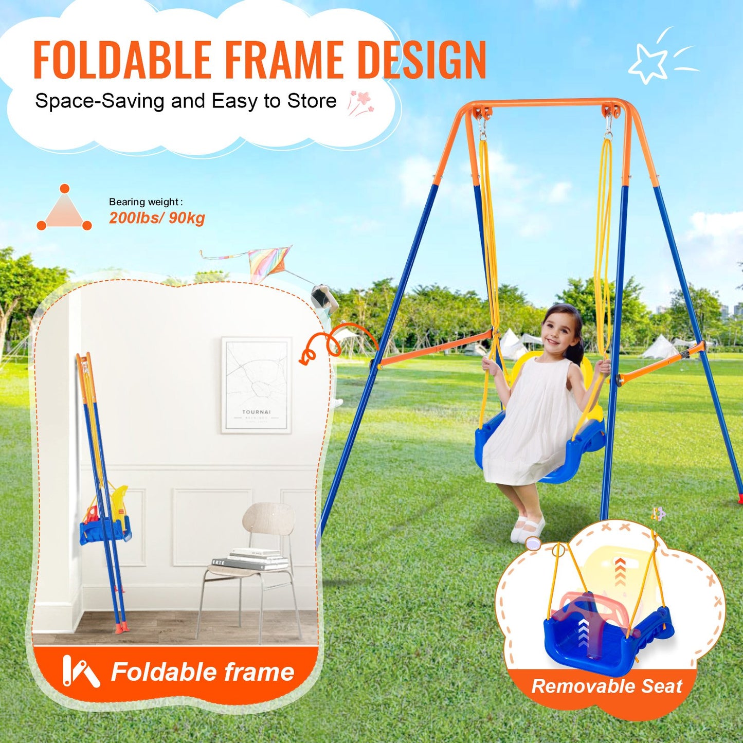 3-in-1 Backyard Swing Set for Kids and Teens - Foldable & Sturdy with Sandbags