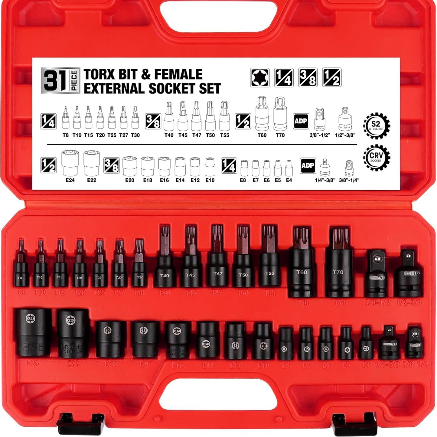 30-Piece Torx Socket Set with Female External Sockets and Impact Adapters - Model YW036