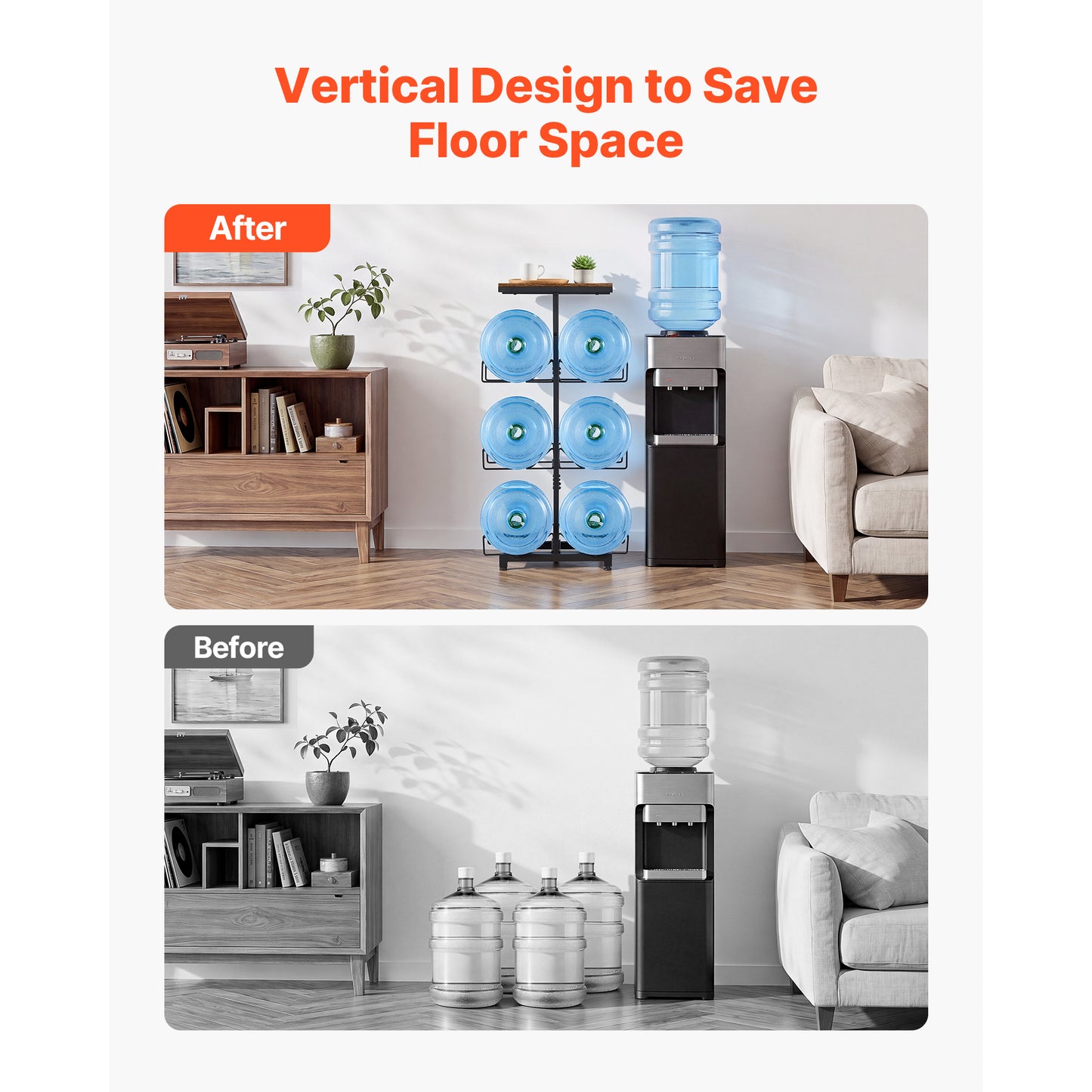 Heavy Duty Water Jug Holder Rack for 3 and 5 Gallon Bottles - 4 Tiers, Foldable Organizer for Kitchen and Office