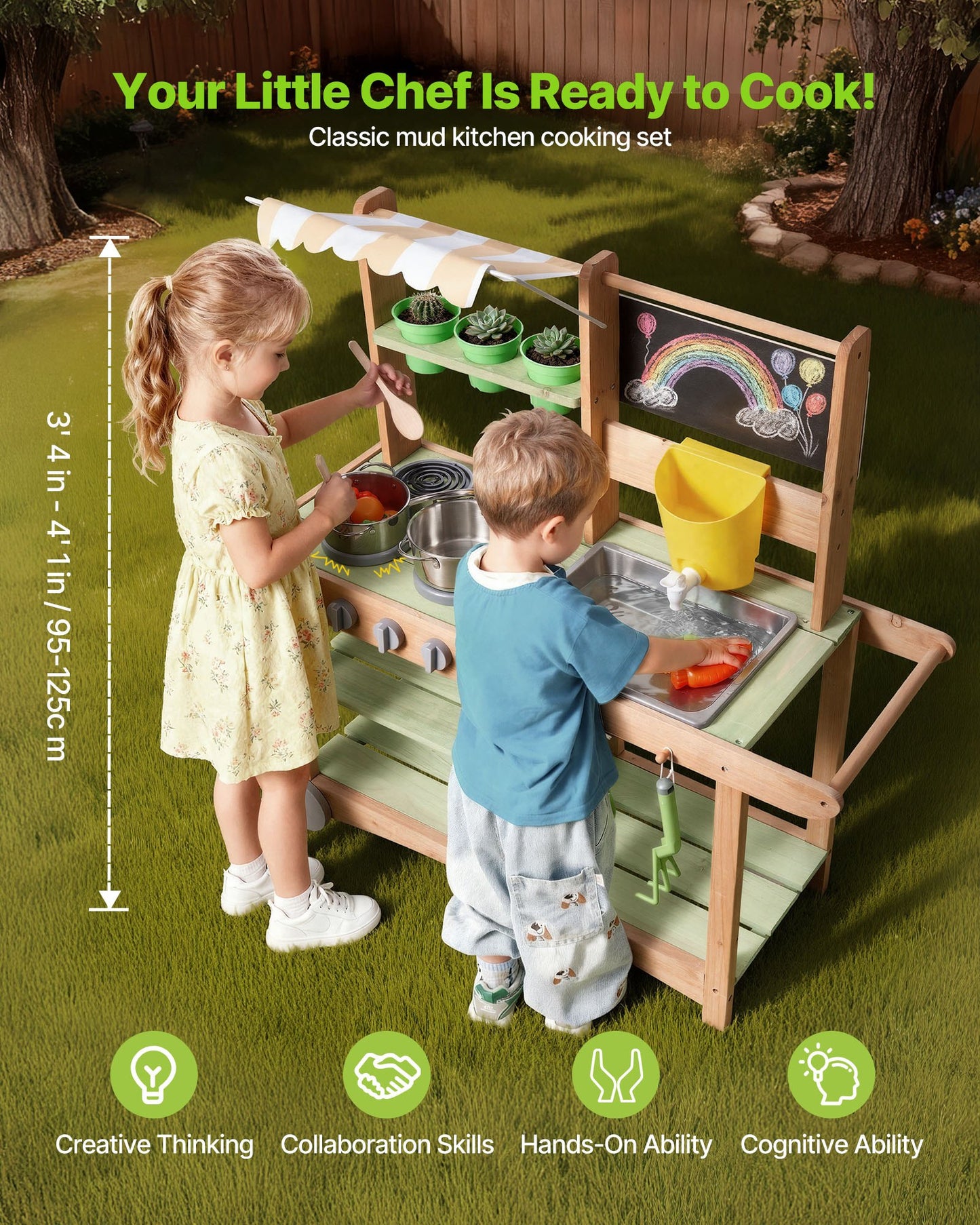 Kids Outdoor Mud Kitchen with Sink, Canopy & Wheels - Wooden Play Set
